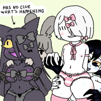 1boy 1futa 2girls 6_eyes animal_ears big_eyes black_hair boyfriend-girlfriend breasts bulge bulge_through_clothing bunny_ears bunny_girl cat_ears catgirl clothed clothing couple covered_nipples crossdressing dialogue dithering double_date dustbun_(sivuliike) female femboy femboy_on_female femboysub futanari girlfriends hair_between_eyes hair_demon hair_over_one_eye hand_holding holding_hands humanoid imp living_hair long_hair male male/female mostly_nude nipples oekaki original_character panties puke_(sivuliike) purple_skin ribbon ribbons sivuliike someone_else's_oc source_request standing straight text thigh_highs topless white_skin yellow_sclera