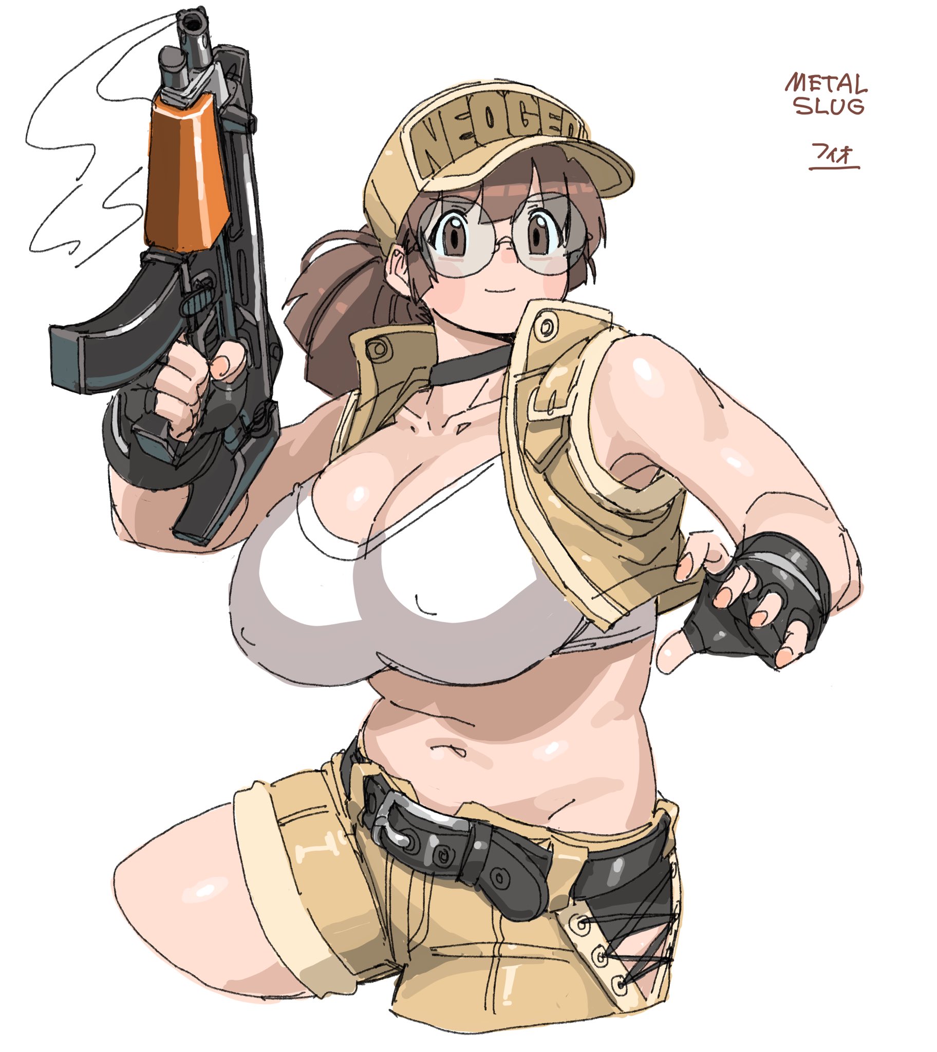 1girls, bare shoulders, belt, big breasts, breasts, brown eyes, brown hair, choker, cleavage, covered nipples, crop top, female, fingerless gloves, fio germi, glasses, gloves, gun, hat, large breasts, medium hair, metal slug, midriff, navel, ponytail, short shorts, shorts, sleeveless, snk, stomach, tank top, utoka, vest, weapon, white tank top