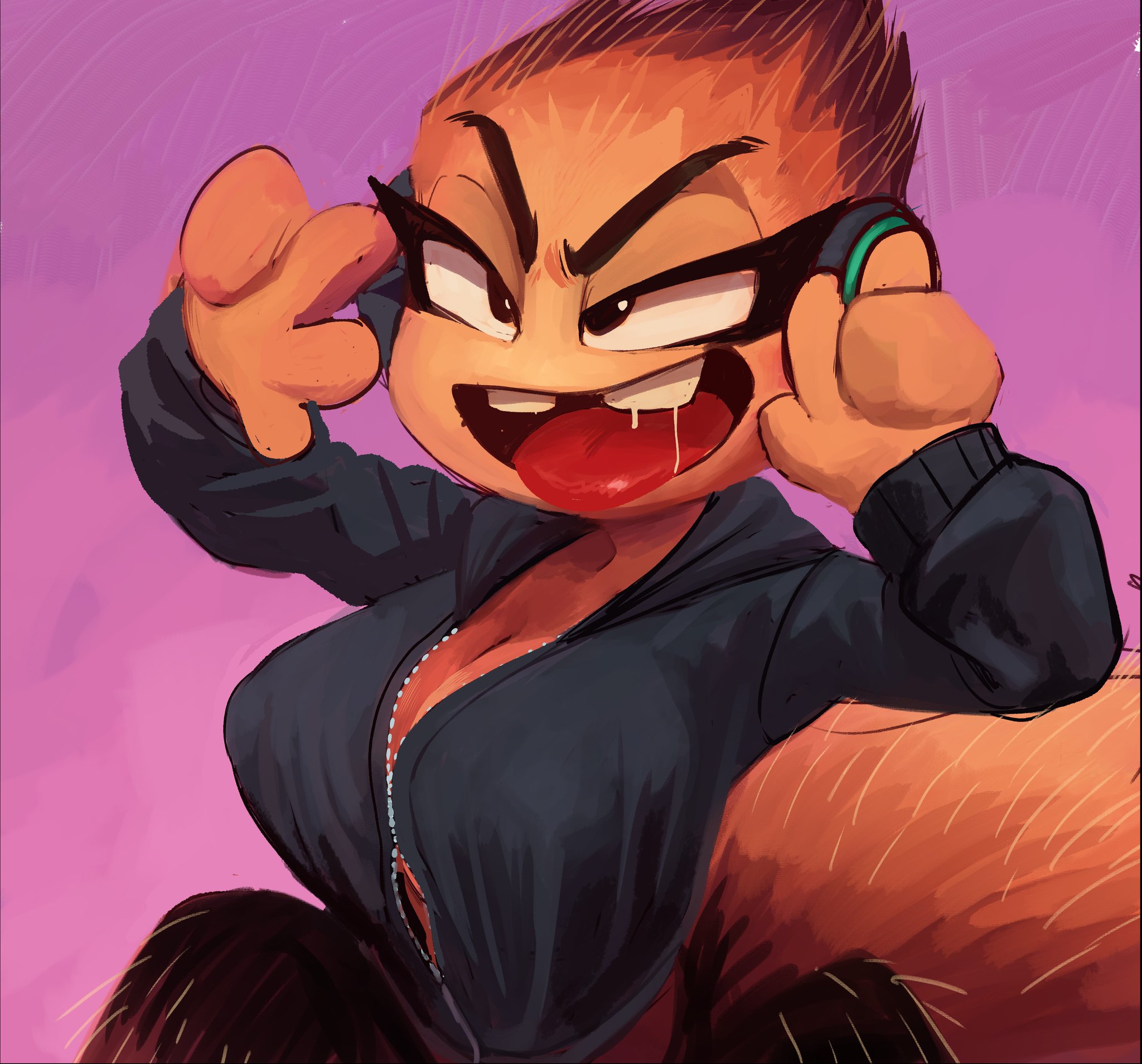 ahe gao, big breasts, black eyes, breasts, buckteeth, bursting breasts, coolerinker, eyebrows, eyeshadow, female, furry, furry only, hair, hairy, hairy legs, headgear, headphones, inker comics, inkershike, jacket, large breasts, ms. tarantula (the bad guys), nipple bulge, nipples, open mouth, red tongue, sole female, spider, spider girl, tarantula, teeth, the bad guys, tongue, tongue out