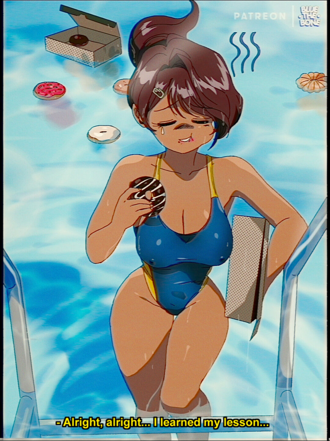 1girls, alternate version available, asahina aoi, ass, bare legs, big breasts, bluethebone, breasts, brown hair, cleavage, closed eyes, danganronpa, danganronpa 1, danganronpa: trigger happy havoc, donut, eating, female, food, food on pool, hairclip, large breasts, long hair, nipple bulge, one-piece swimsuit, ponytail, pool, retro artstyle, smile, solo, straight hair, swimming pool, swimsuit, tanned, tanned female, tanned skin, thighs, water