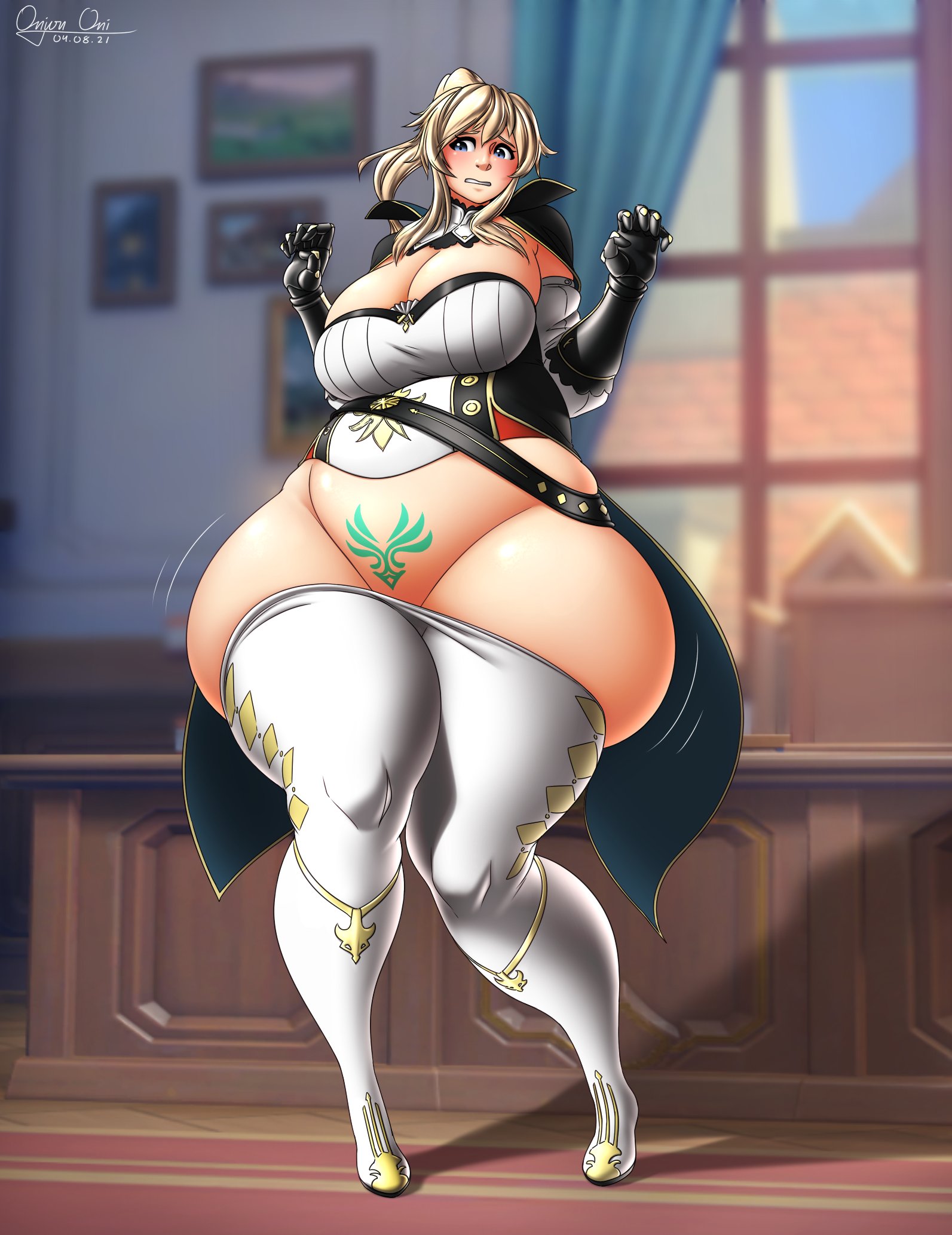 1girls, 2021, big breasts, blonde hair, blue eyes, bottom heavy, breasts, cleavage, female, female focus, genshin impact, hips, huge breasts, huge thighs, jean gunnhildr, large breasts, onion oni, plump, pubic tattoo, signature, solo, solo female, solo focus, tattoo, thick thighs, thighs, wardrobe malfunction, wide hips