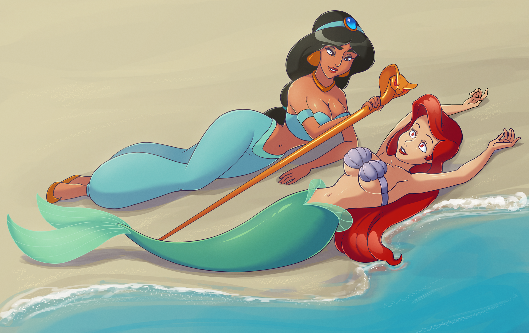 2019, aladdin, areola, ariel, big breasts, black hair, blush, bodily fluids, breast grab, breast squish, breasts, brown body, chocolate and vanilla, crossover, crown, dark skin, dark-skinned female, detailed background, disney, disney princess, duo, ear piercing, fanart, featureless crotch, female, female only, female/female, fin, fish tail, hair, hi res, human, hypnosis, interspecies, lipstick, long hair, makeup, mammal, marine, merfolk, mermaid, mind control, nipples, piercing, png, princess jasmine, red hair, spiral eyes, split form, squish, the little mermaid, tiara, white body, yuri