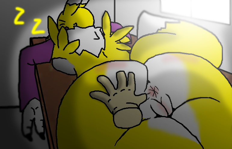 anthro anus armor ass bandai_namco bed clothing digimon digimon_(species) disembodied_hand drcustom female fur furniture gauntlets genitals gloves hand_on_butt handwear lying lying_on_bed on_bed pussy renamon simple_background sleeping solo spread_butt spreading text yellow_body yellow_fur