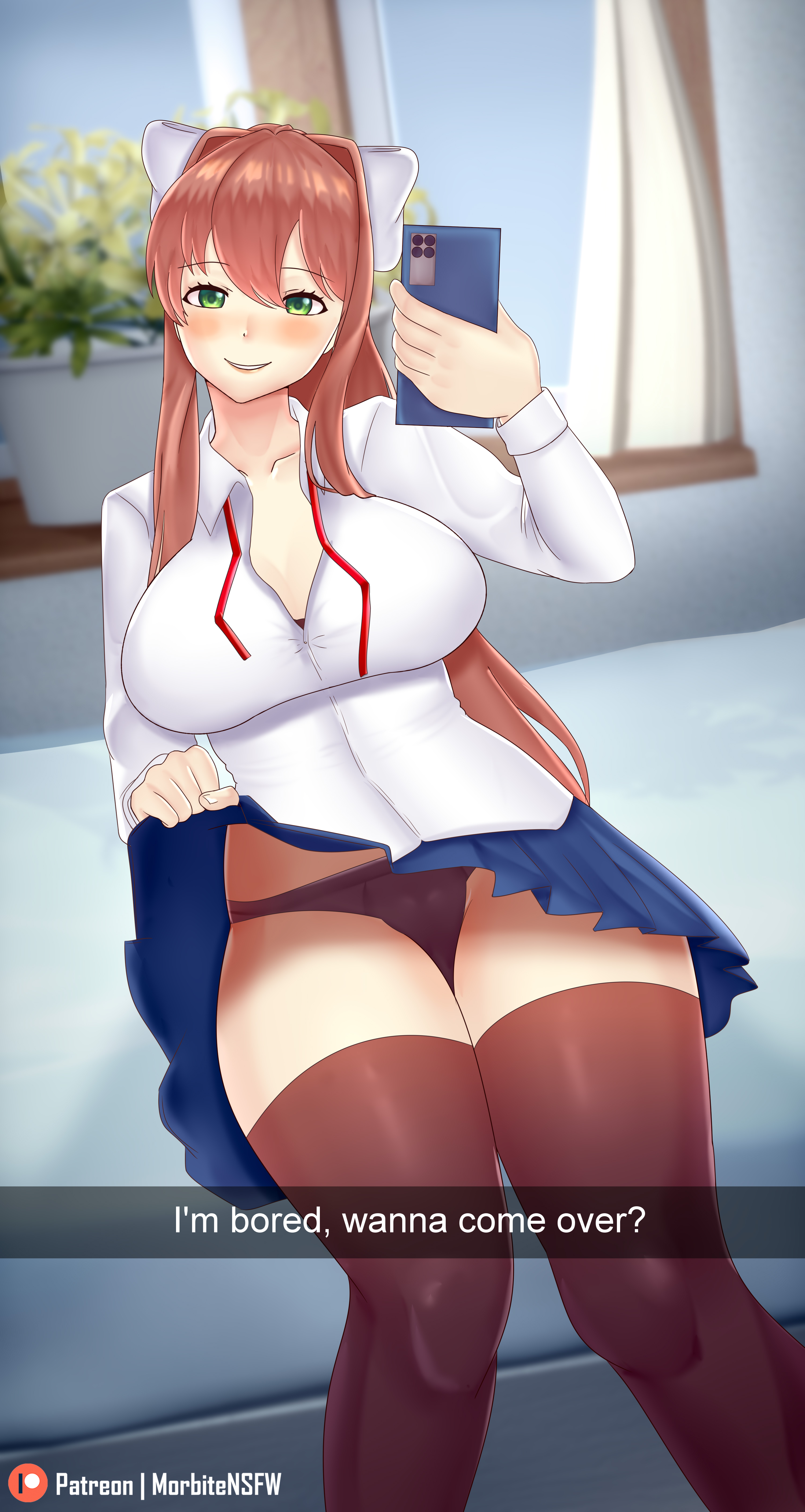 big breasts, breasts, brown hair, doki doki literature club, female, female focus, female only, green eyes, looking at viewer, monika (doki doki literature club), morbite, no, panties, school uniform, selfie, skirt, skirt lift, snapchat, strip game, thick thighs, thighhighs