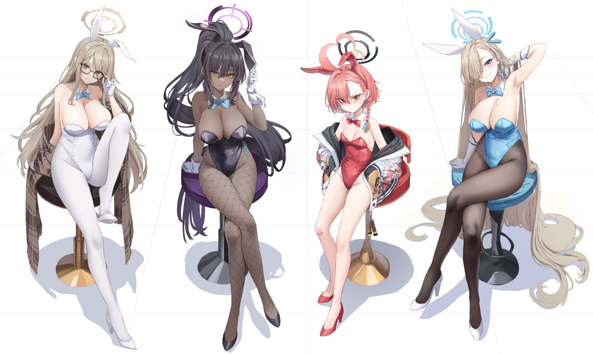 2d, 2d (artwork), 4girls, akane (blue archive), akane (bunny) (blue archive), asuna (blue archive), asuna (bunny girl) (blue archive), asuna (bunny) (blue archive), bare shoulders, black hair, black high heels, black pantyhose, blonde hair, blue archive, blue eyes, blush, breasts, brown pantyhose, bunny ears, bunny girl, bunnysuit, chirang, cleaning & clearing (blue archive), cleavage, dark skin, dark-skinned female, female, female only, fishnet legwear, fishnet pantyhose, footwear, glasses, hair over one eye, high heels, karin (blue archive), karin (bunny girl) (blue archive), karin (bunny) (blue archive), large breasts, light skin, light-skinned female, looking at viewer, millennium science school student, mole on breast, multiple females, multiple girls, neru (blue archive), neru (bunny) (blue archive), pantyhose, pink hair, playboy bunny, ponytail, red eyes, red high heels, small breasts, solo focus, thick thighs, threesome, uncensored, very long hair, white gloves, white high heels, white pantyhose, wide hips, yellow eyes