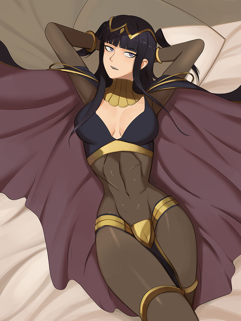 1girls, arms behind head, bangs, barleyshake, black hair, blunt bangs, bodystocking, cloak, female, female only, fire emblem, fire emblem awakening, grey eyes, long hair, looking at viewer, lying, lying on back, narrowed eyes, nintendo, solo, tharja (fire emblem)
