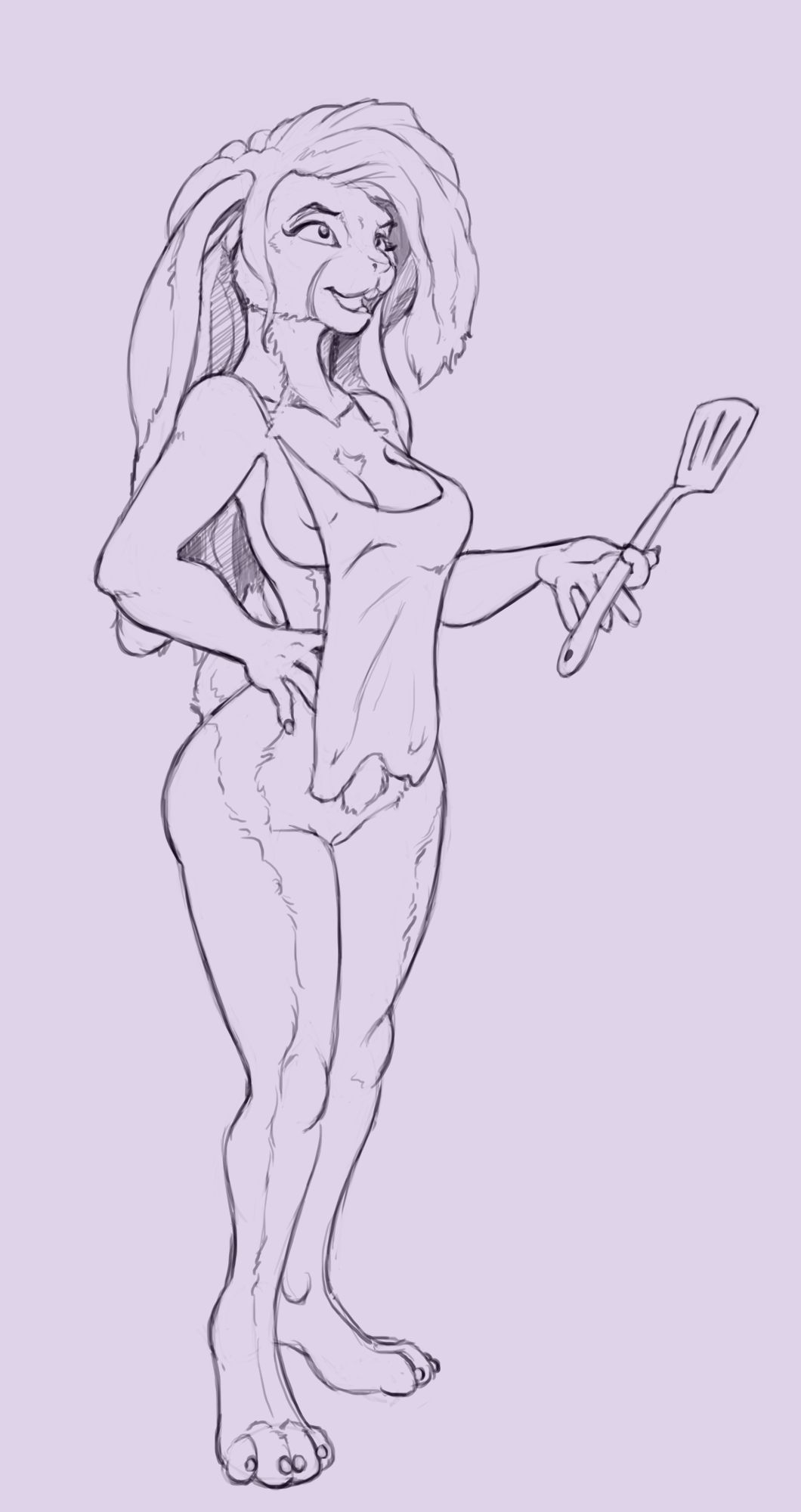 2022 anthro apron barefoot breasts buckteeth clothing feet female genitals hair hi_res holding_object holding_spatula holding_tool lagomorph leporid looking_up lord_magicpants mammal nipples open_mouth pussy rabbit smile solo spatula standing teeth tools