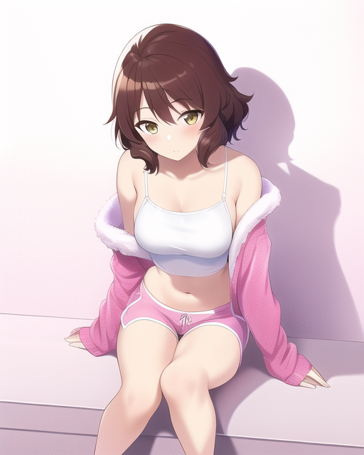 1girls ai_generated brown_hair cleavage dolphin_shorts female hibike!_euphonium light-skinned_female light_skin looking_at_viewer nai_diffusion navel oumae_kumiko pink_clothing pink_shorts revealing_clothes short_shorts shorts sitting solo stable_diffusion sweater tank_top thighs white_tank_top