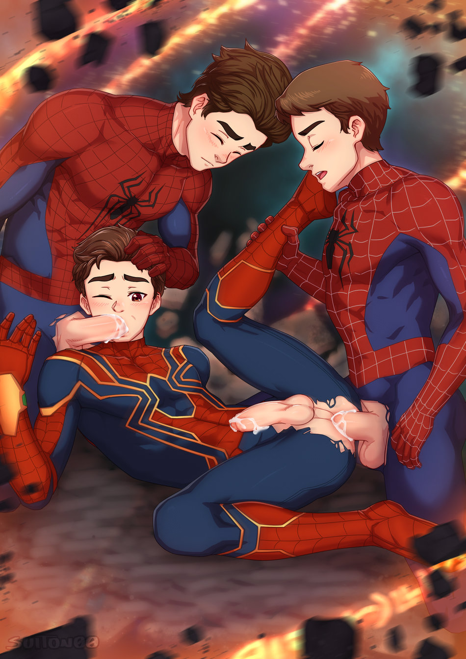 anal_sex andrew_garfield balls blowjob blush brown_hair closed_eyes eyes_closed gay hair_grab leg_grab male_only marvel muscular_male one_eye_closed open_legs pleasure_face precum selfcest spider-man spider-man:_no_way_home spider-man_(tom_holland) straight_hair suit suiton threesome tobey_maguire tom_holland