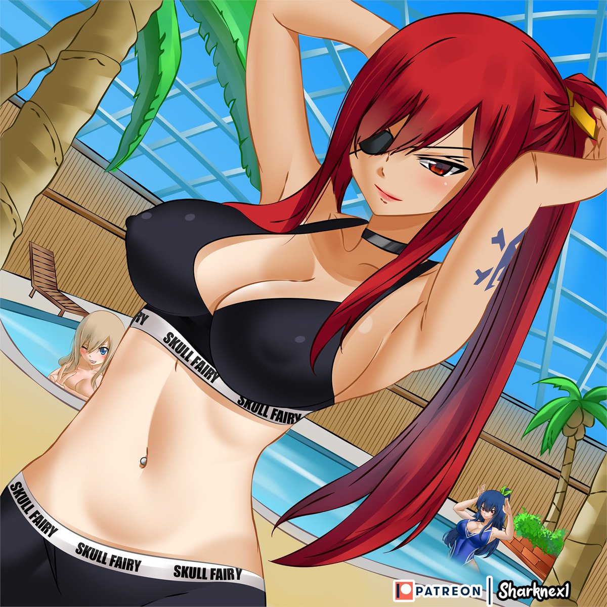 3girls alternate_version_available big_boobs big_breasts bikini blonde_hair blue_hair boobs breasts edens_zero elsie_crimson eye_patch female female_only hair_ornament hands_behind_back hands_behind_head homura_kogetsu long_hair patreon patreon_logo ponytail pool poolside rebecca_bluegarden red_hair ribbon ribbon_in_hair sharknex swimsuit swimwear tattoo tattooed_arm