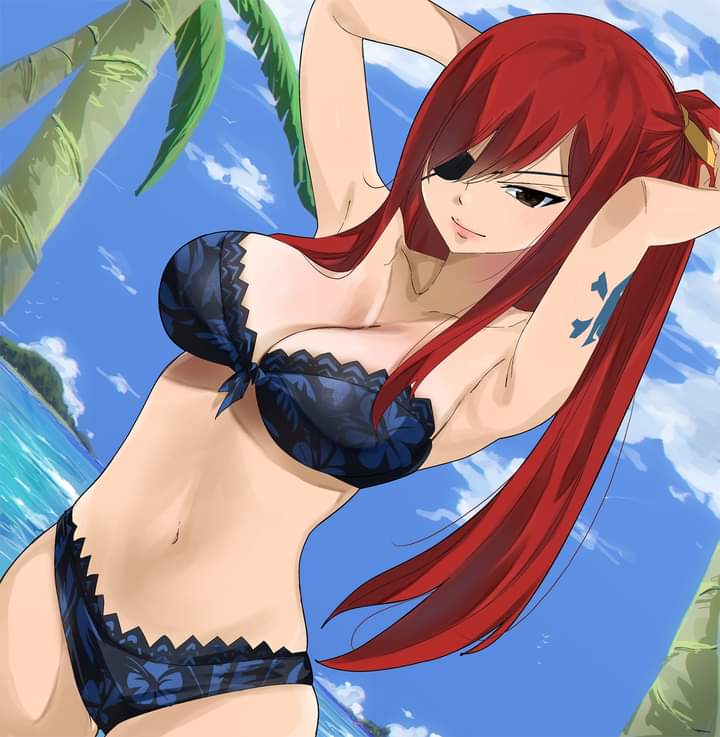 1girls artist_request beach beach_background big_boobs big_breasts bikini boobs breasts dark_blue_bikini edens_zero elsie_crimson eye_patch hair_ornament hands_behind_back hands_behind_head long_hair ponytail red_hair ribbon ribbon_in_hair sole_female solo tagme tattoo tattooed_arm