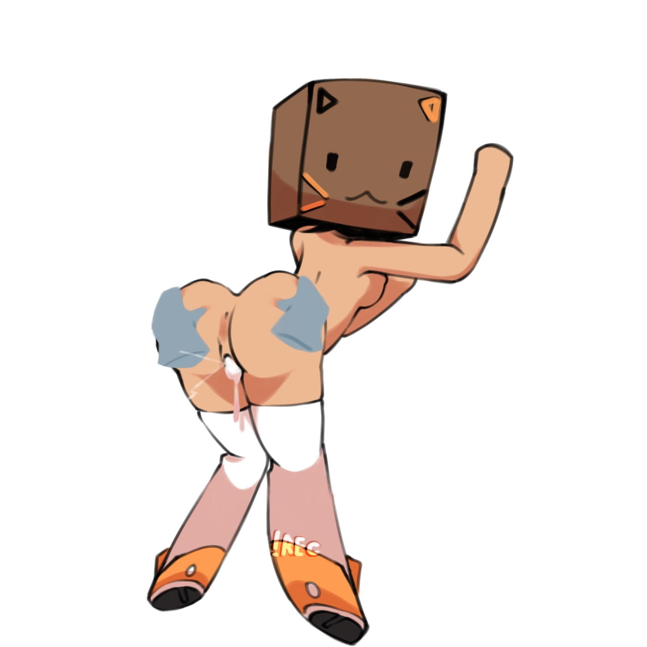artist signature, ass, black hair, box on head, cardboard box, cum, cum in pussy, cum inside, cuptoast, disembodied hands, female, hands on ass, orange shoes, plain background, pussy, real person, recc000, shoes, simple background, socks, standing, tagme, thighhighs, white background, youtube, youtuber, youtuber girl