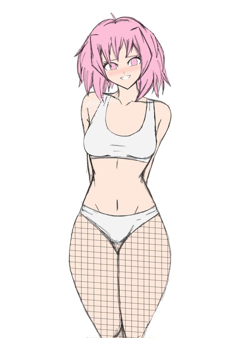 bare_shoulders blush female fishnets matching_hair/eyes navel pink_eyes pink_hair sebs_i_art smile white_background