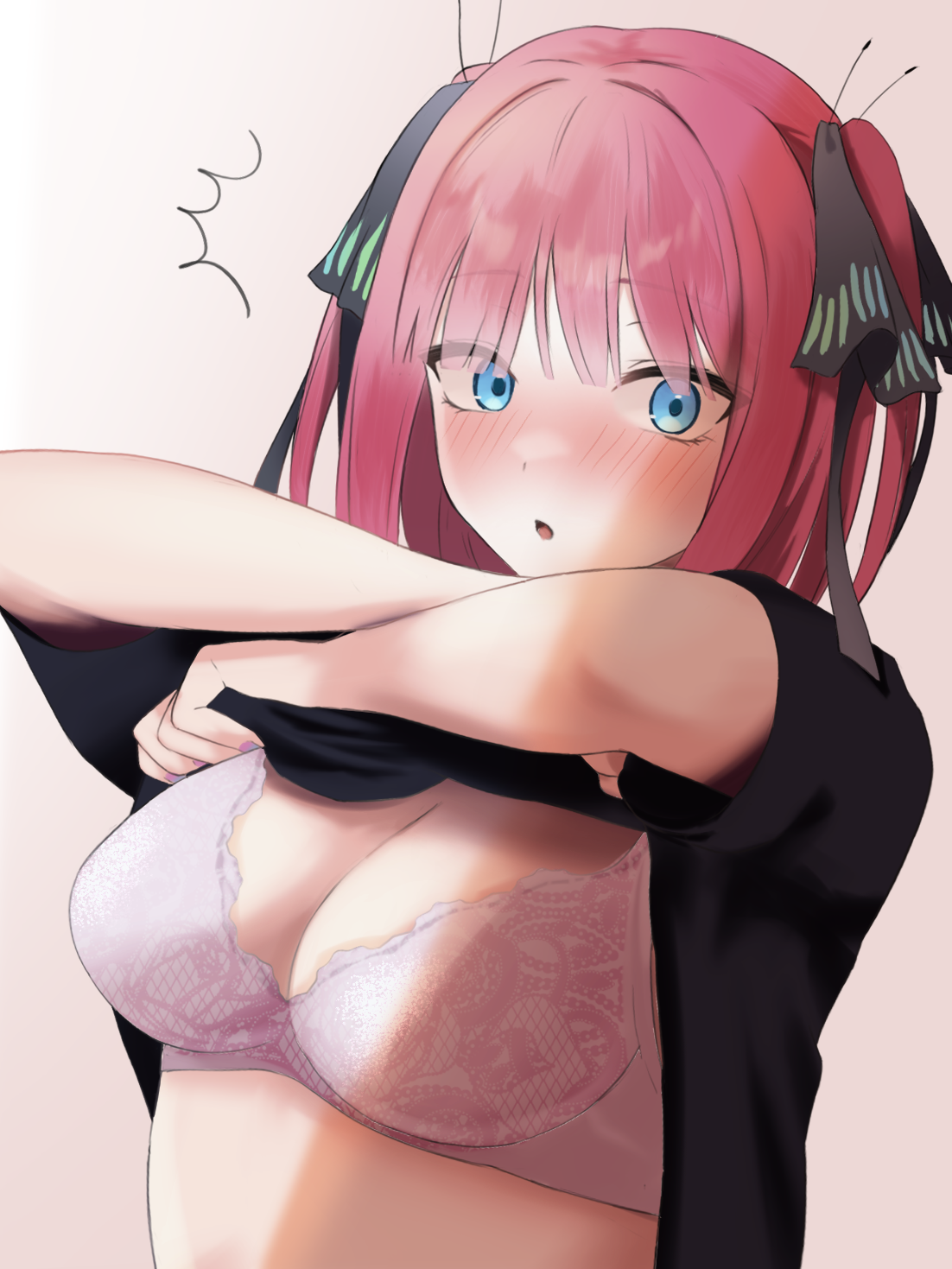 :o, 1girls, bangs, black ribbon, black shirt, blue eyes, blunt bangs, blush, bra, breasts, butterfly hair ornament, clothes lift, commentary request, female, go-toubun no hanayome, hair between eyes, hair ornament, hair over eyes, hair ribbon, hands up, highres, light skin, light-skinned female, looking at viewer, medium breasts, mowatoro (10628 ), nail polish, nakano nino, notice lines, open mouth, pink hair, pink nails, ribbon, shirt, shirt lift, short hair, simple background, solo, underwear, undressing, upper body
