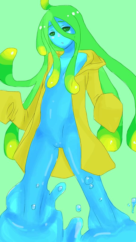 1girls blue_body breasts coat coat_only coat_open female functionally_nude green_eyes green_hair kanyaaa027 long_hair midriff monster_girl monster_musume_no_iru_nichijou open_clothes open_coat parted_lips pussy raincoat slime slime_girl slime_hair small_breasts solo solo_female suu_(monster_musume) thighs