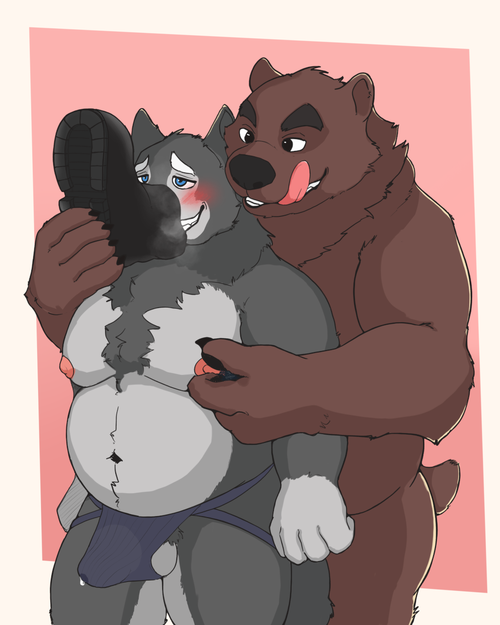 alebehemut anthro balls barely_visible_balls barely_visible_genitalia bear belly big_belly blue_eyes blush bodily_fluids brown_body brown_eyes brown_fur chest_tuft clothed clothing dripping duo embrace erection erection_under_clothing erection_under_jockstrap footwear fur genital_fluids genitals grey_body grey_fur hi_res jockstrap leaking_precum licking licking_lips looking_pleasured male male/male mammal musk musk_clouds neck_tuft nipple_fetish nipple_play nipples overweight precum precum_drip precum_through_clothing precum_through_jockstrap precum_through_underwear shoe_sniffing simple_background size_difference slightly_chubby smile sniffing standing tenting tongue tongue_out tuft underwear ursid wet wet_clothing