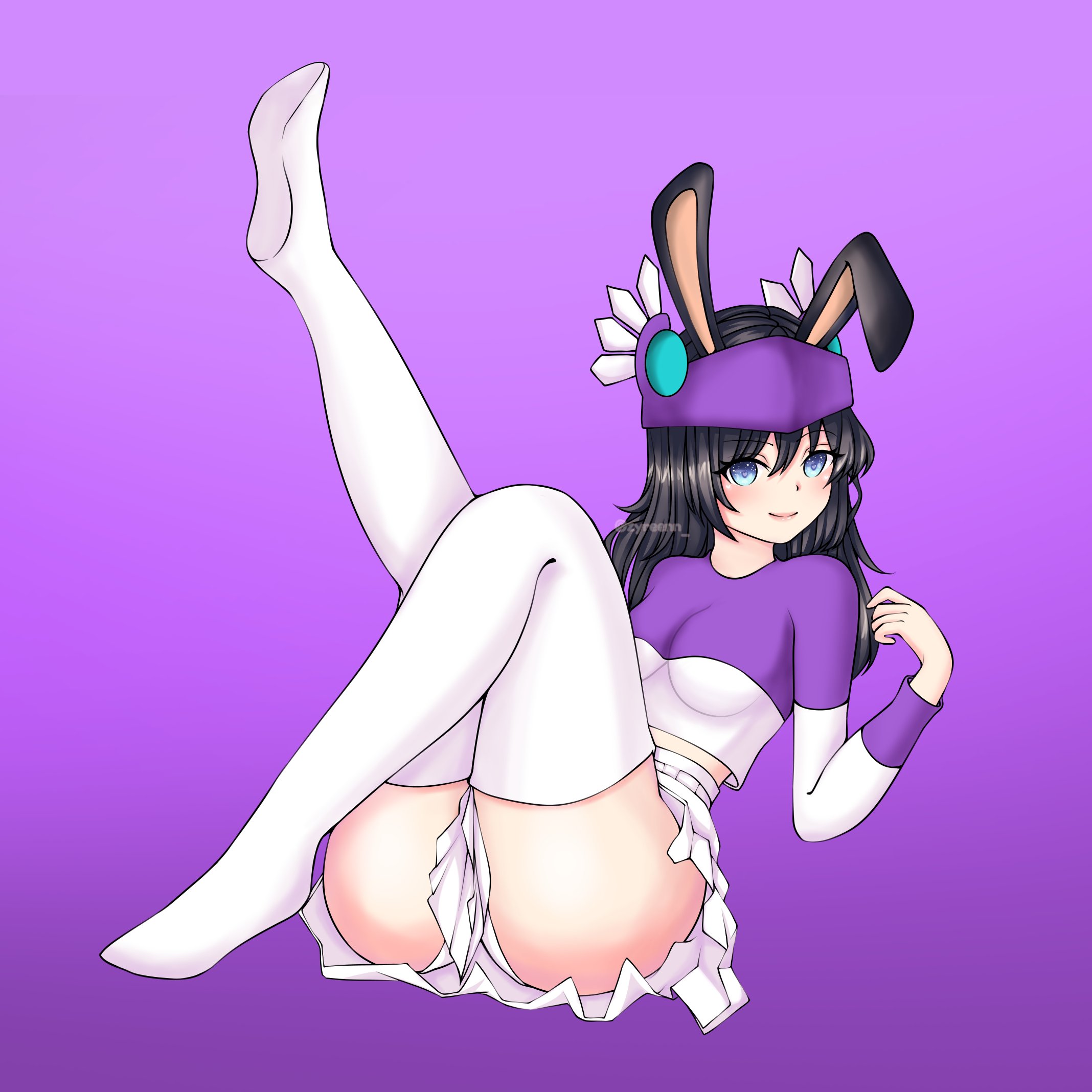 1girls, black hair, bunny ears, clothed, developerella, female, purple background, purple theme, roblox, roblox avatar, robloxian, sitting, skirt, socks, tagme, valkyrie helm, zyreenn