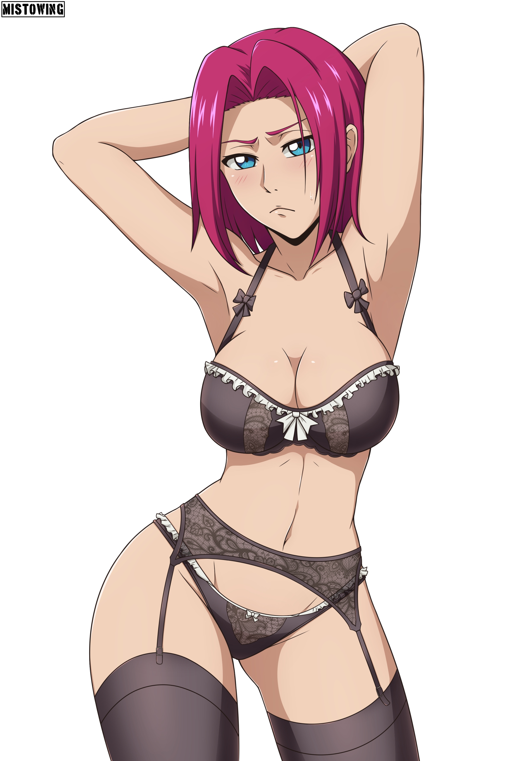 1girls, armpit fetish, armpits, black socks, blue eyes, breasts, cleavage, code geass, female, kallen stadtfeld, lingerie, mistowing, red hair, socks, thigh socks, thighhighs, wide hips