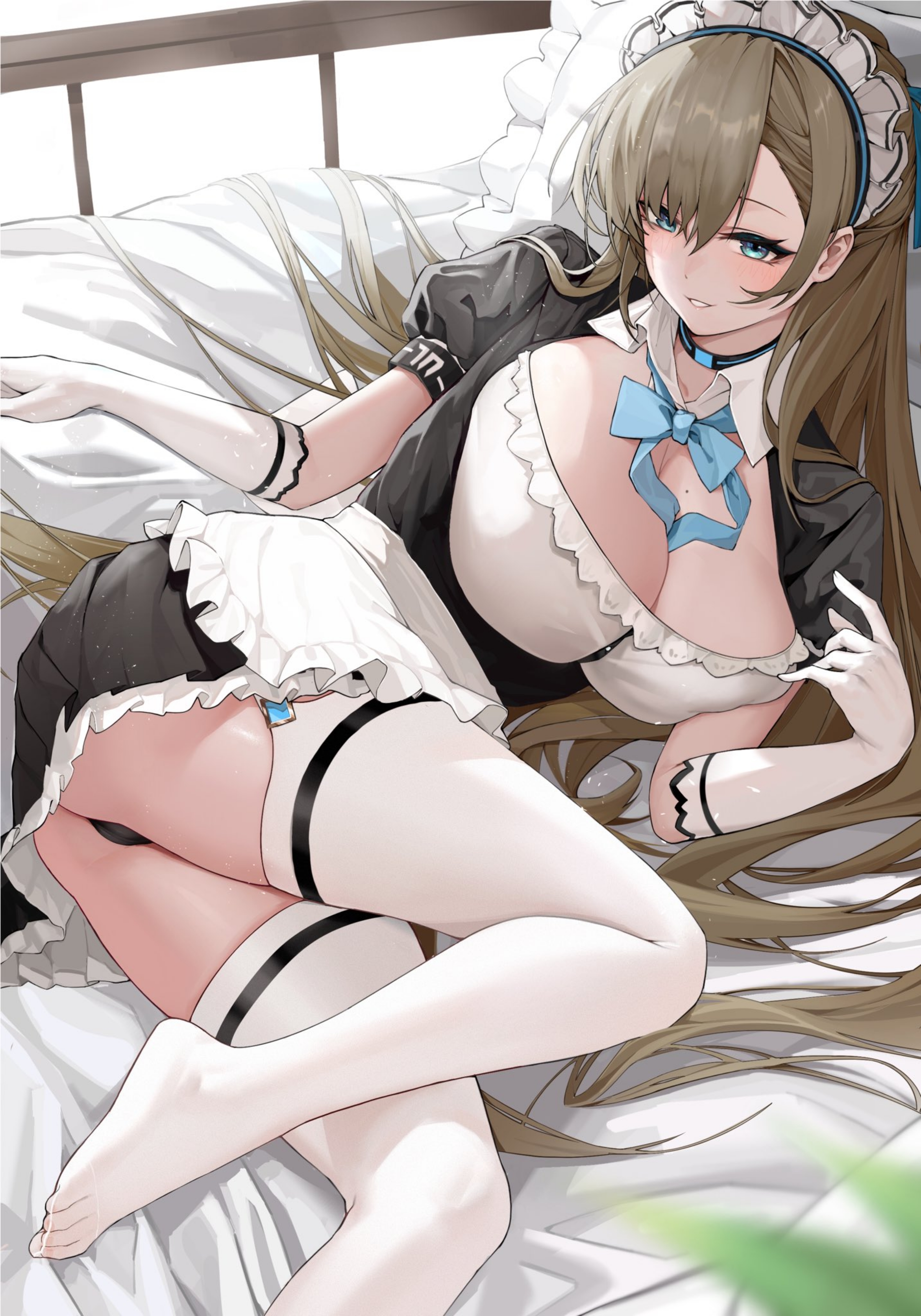 1girls, alternate costume, asuna (blue archive), black panties, blonde hair, blue archive, blue eyes, blush, breasts, cleavage, female, female only, footwear, large breasts, light brown hair, light skin, light-skinned female, long hair, maid, maid headdress, miniskirt, mole on breast, mr.zhuo, no bra, on bed, skirt, solo focus, thick thighs, thighhighs, thighs, uncensored, underwear, white gloves, white legwear, white stockings, wide hips