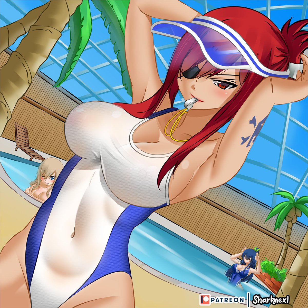 3girls alternate_version_available big_boobs big_breasts bikini blonde_hair blue_hair boobs breasts edens_zero elsie_crimson eye_patch female female_only hair_ornament hands_behind_back hands_behind_head homura_kogetsu lifeguard lifeguard_swimsuit long_hair patreon patreon_logo ponytail pool poolside rebecca_bluegarden red_hair ribbon ribbon_in_hair sharknex swimsuit swimwear tattoo tattooed_arm whistle