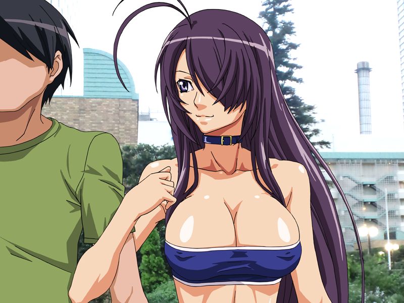 1boy 1girls arm_grab arm_hug big_breasts blue_eyes bursting_breasts busty covered_nipples erect_nipples_under_clothes female game_cg ikkitousen kanu_unchou large_breasts male midriff purple_hair smile tubetop very_long_hair yabusame