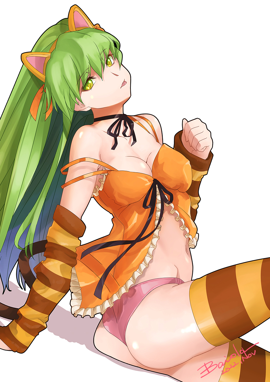 1girls ambiguous_eye_color animal_ears ass baiola breasts c.c. cleavage code_geass eyebrows_visible_through_hair green_hair light-skinned_female light_skin lion_ears long_hair pale-skinned_female pale_skin panties tongue_out yellow_eyes