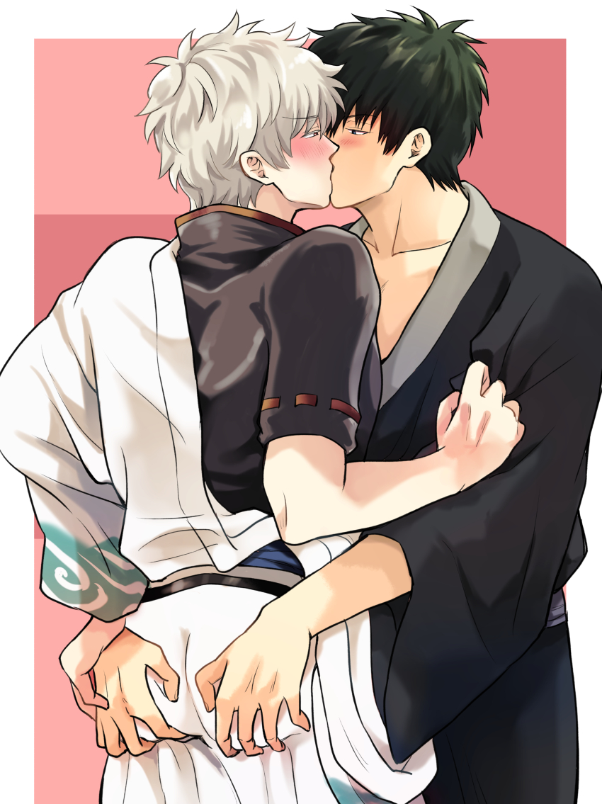 2boys ass_grab black_hair blush fully_clothed gay gintama gintoki_sakata groping groping_ass hadanugi_dousa hands_on_ass hijikata_toshiro japanese_clothes kimono kissing male male_only natsugin77 off_shoulder shinsengumi_(gintama) white_hair yaoi yukata