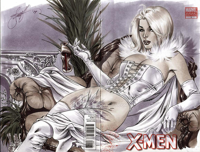 blonde_hair bottomless bottomless_female copic_markers corset couch diamond emma_frost eric_basaldua hellfire_club huge_breasts marvel marvel_comics pussy shaved_pussy straight_hair visor white_queen x-men