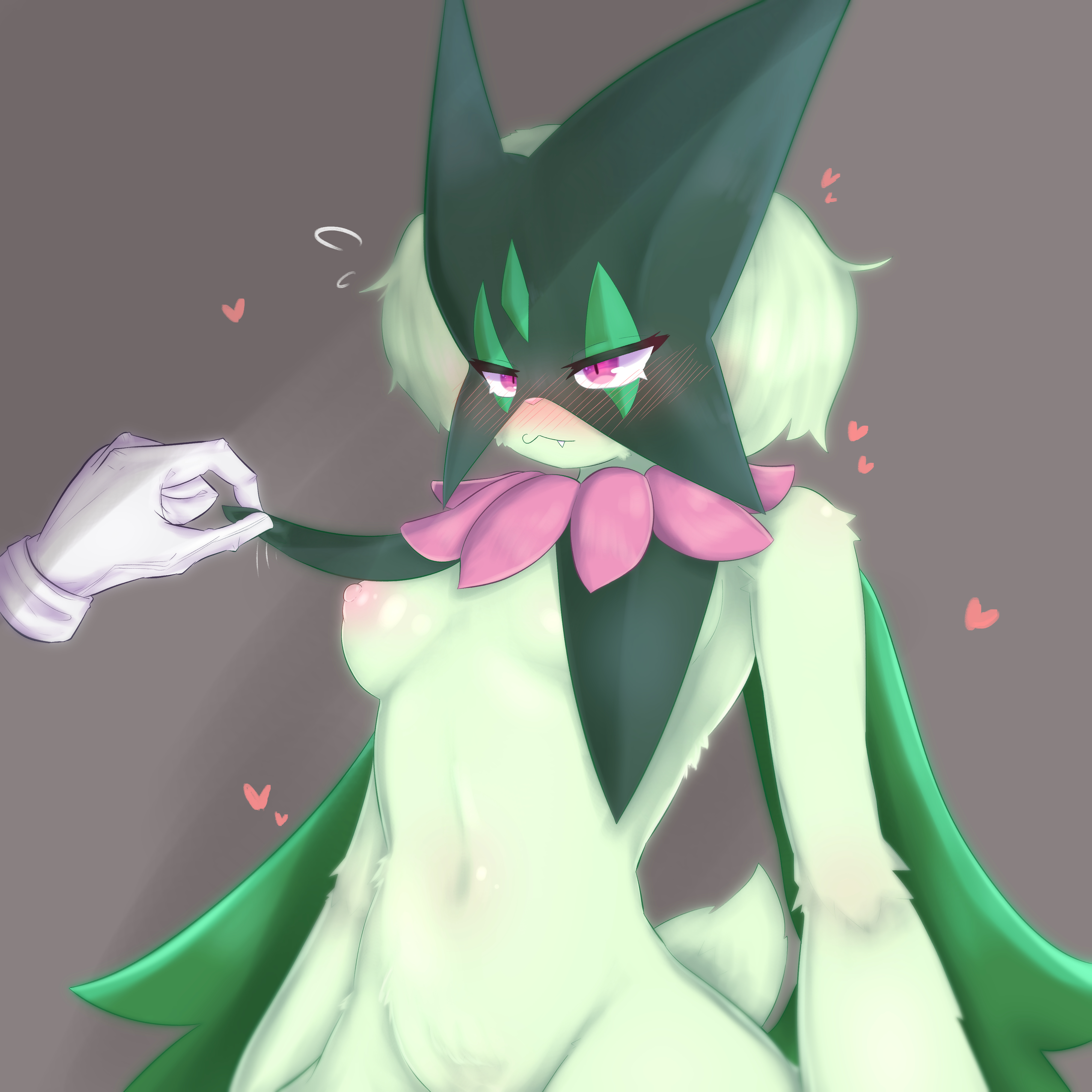 1girls, belly button, big breasts, blush, bottomless, breasts, cat girl, catgirl, female, female focus, female only, fur, furry, furry only, furry tail, game freak, green fur, green hair, grey background, heart, hearts around body, mask, medium breasts, meowscarada, neru3plus1, nintendo, nipples, pink eyes, pink nipples, pokémon (species), pokemon, pokemon (species), pokemon sv, simple background, skinny, solo, solo female, solo focus, tail, topless