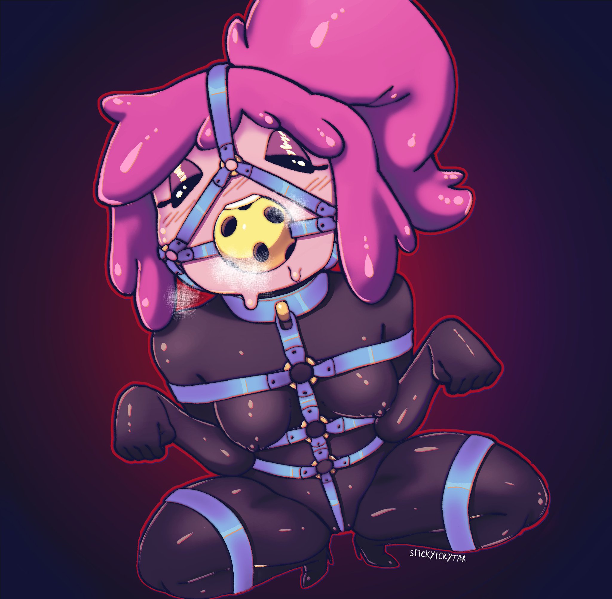 adventure time, ball gag, blush, bondage, collar, female, female focus, female only, femsub, gag, gagged, harness, harness gag, heels, high heels, huff, latex, latex suit, mob face, nipples, pink hair, pink skin, ponytail, princess bubblegum, solo, solo female, stickyickytar, straight hair, submissive, submissive female, sweat