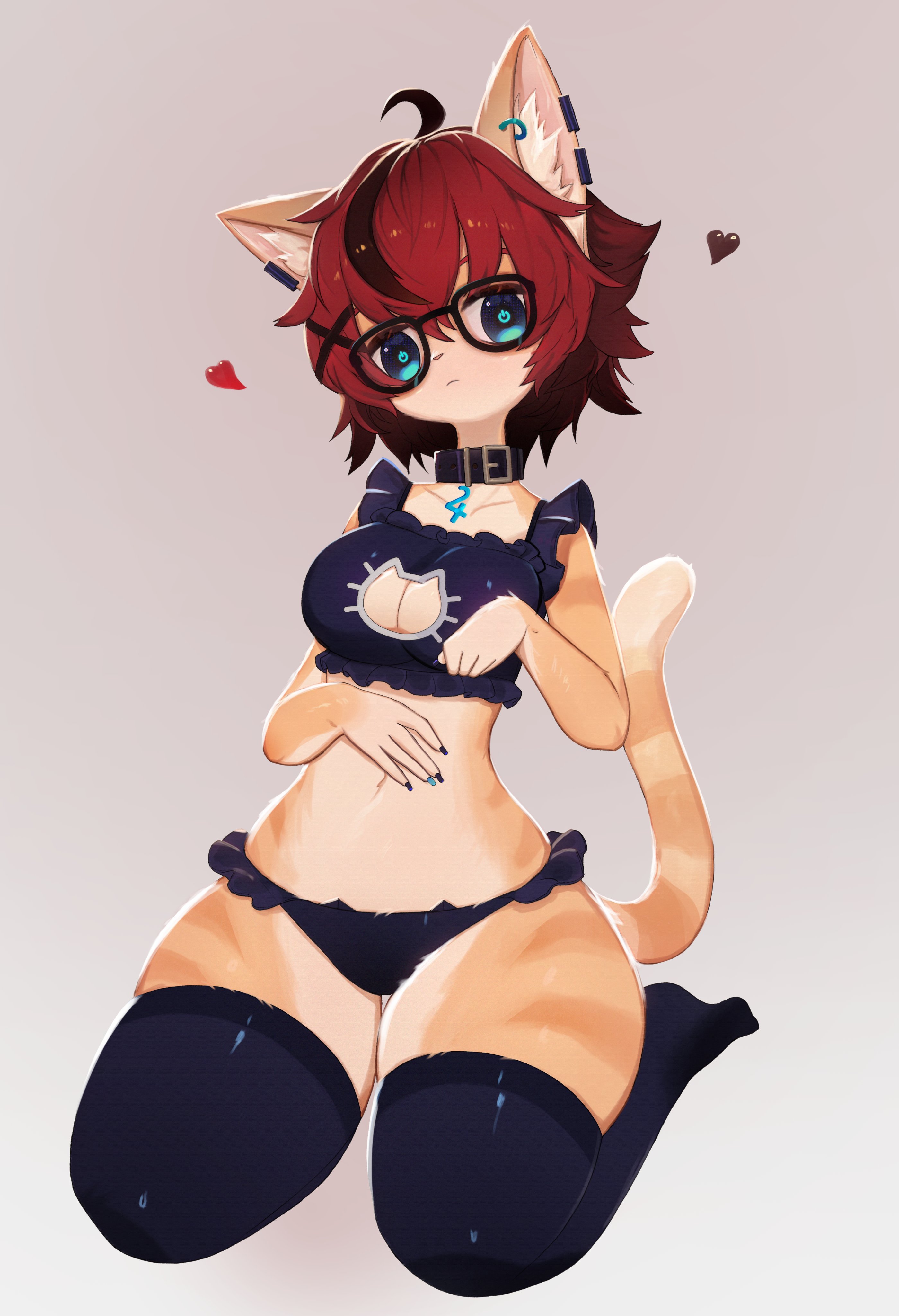 1girls, aeiou (yoako), ahoge, anthro, bangs, big breasts, blue eyes, breasts, cat ears, cat tail, cleavage cutout, domestic cat, earrings, feline, female, female only, fur, furry, furry only, glasses, heart, kneeling, looking at viewer, medium hair, red hair, soda uyu, solo, stockings, symbol-shaped pupils, tail, thick thighs, thigh squish, unusual anatomy, unusual eyes, unusual pupils