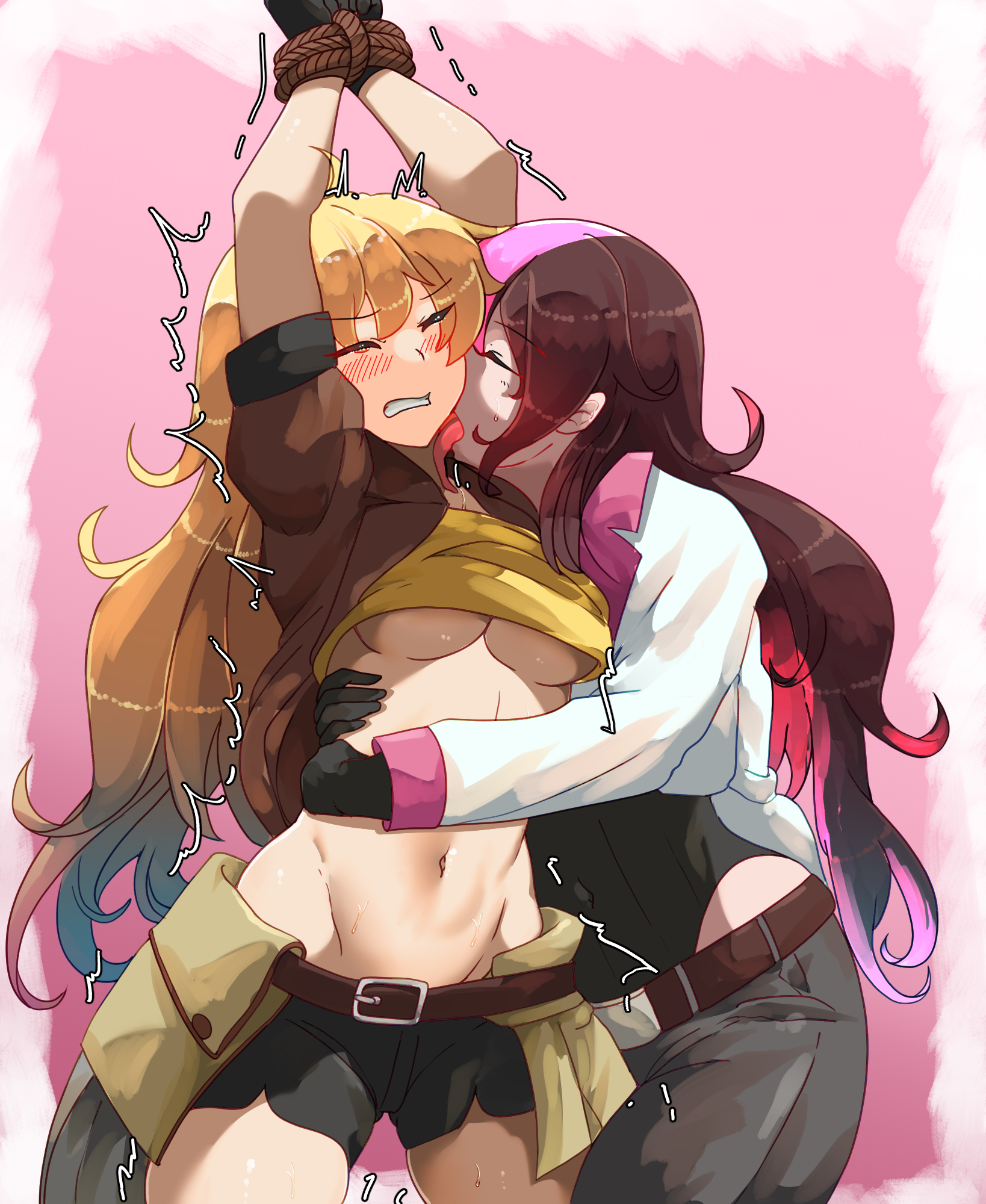 2girls, blonde hair, blush, blush lines, bound, bound wrists, breasts, brown hair, closed eyes, female, female only, hands above head, holding, holding another, licking, licking neck, movement lines, navel, neo (rwby), pink hair, rwby, tongue, tongue out, two-tone hair, underboob, yang xiao long, yellow hair, yuri