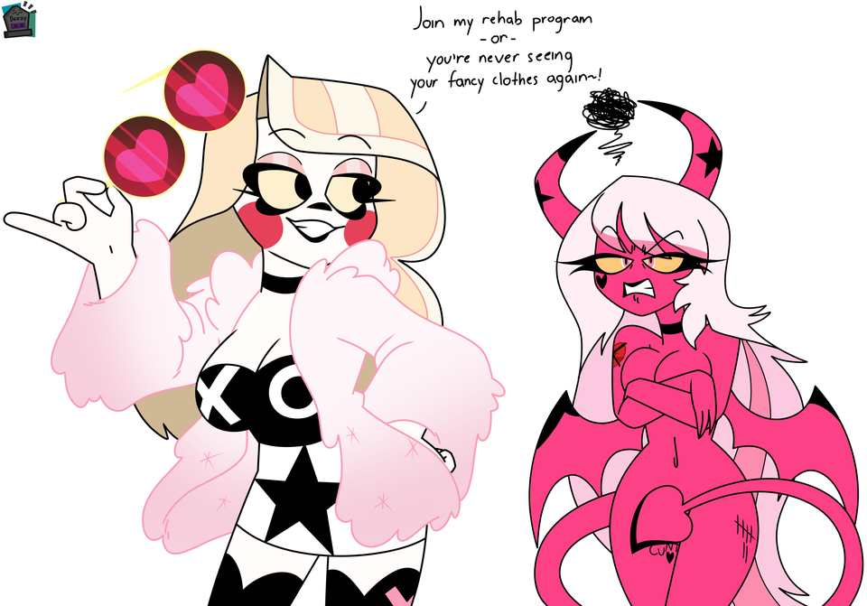 2demons, 2girls, angry face, blonde hair, breasts, charlie morningstar (hazbin hotel), clever censor, clothed female, clothing, coat, convenient censoring, convenient censorship, covering, covering breasts, covering crotch, dark skin, demon, eyewear, female, hazbin hotel, helluva boss, no humans, no sex, nude, nude female, outerwear, pale skin, pink skin, succubus, tagme, verosika mayday (helluva boss)