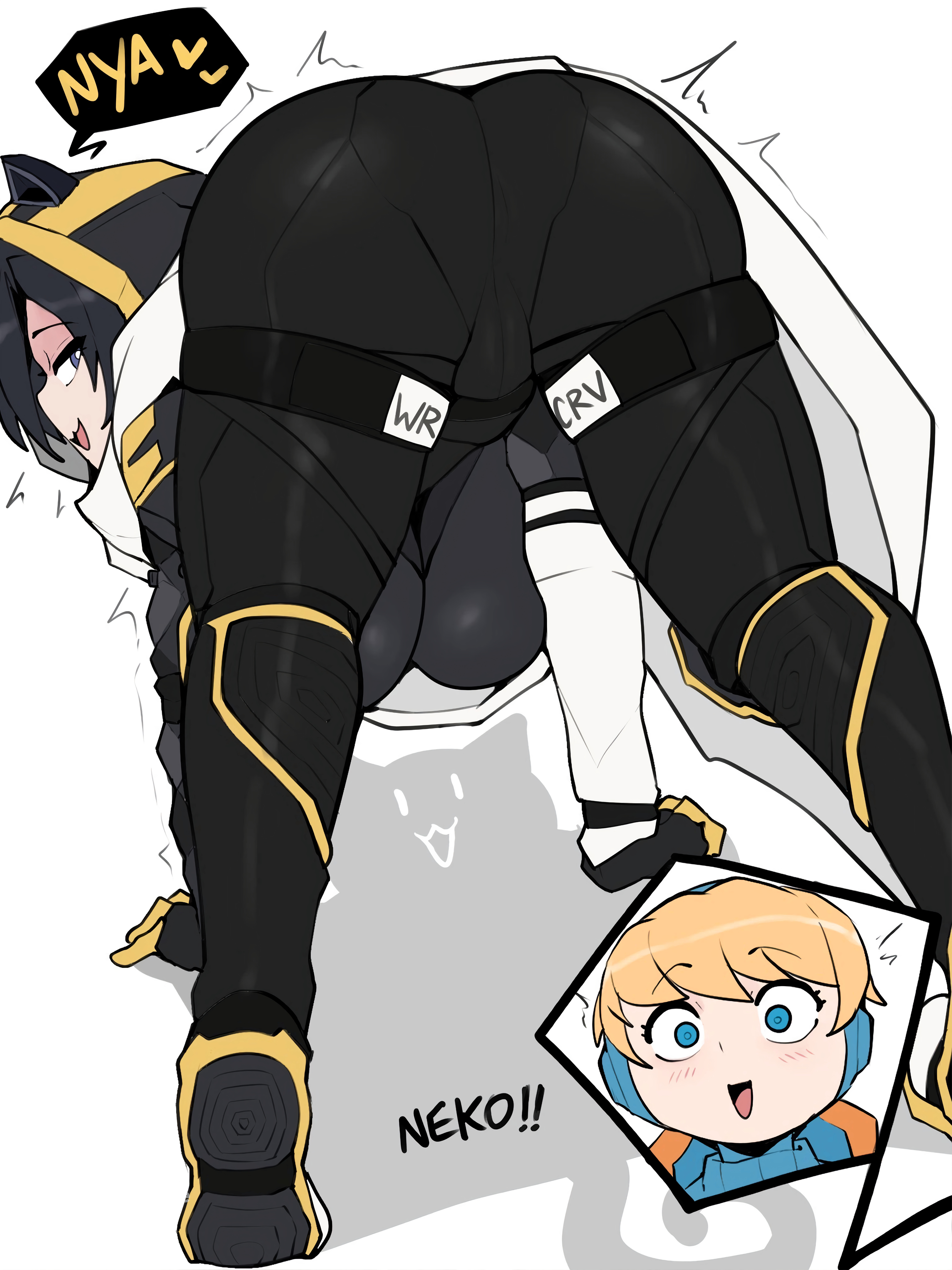 2d, alternate breast size, alternate costume, apex legends, areolae, ass, ass focus, ass shake, ass up, belt, big breasts, big hips, big thighs, black panties, blue eyes, breasts, bursting breasts, butt focus, cameltoe, cat ears, eyebrows visible through hair, face down ass up, female, hips, horu, huge ass, huge breasts, jumpsuit, looking at another, neko, panties, presenting, pussy, simple background, stretched clothing, thick, thick ass, thick hips, thick legs, thick thighs, tight clothes, tight clothing, tight pants, tights, void prowler wraith, wattson (apex legends), wraith (apex legends)