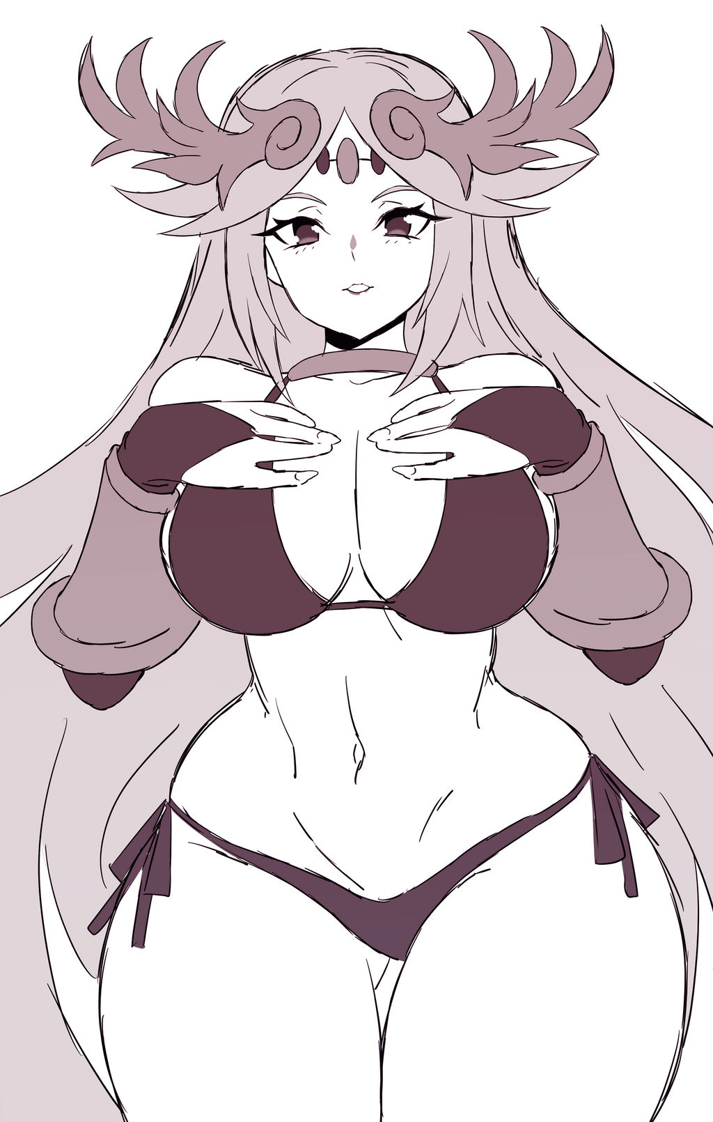 abysswatchers ass_visible_through_thighs bikini blank_background child_bearing_hips hands_on_own_chest kid_icarus kid_icarus_uprising large_breasts long_hair monochrome navel nintendo palutena swimsuit toned_stomach wide_hips