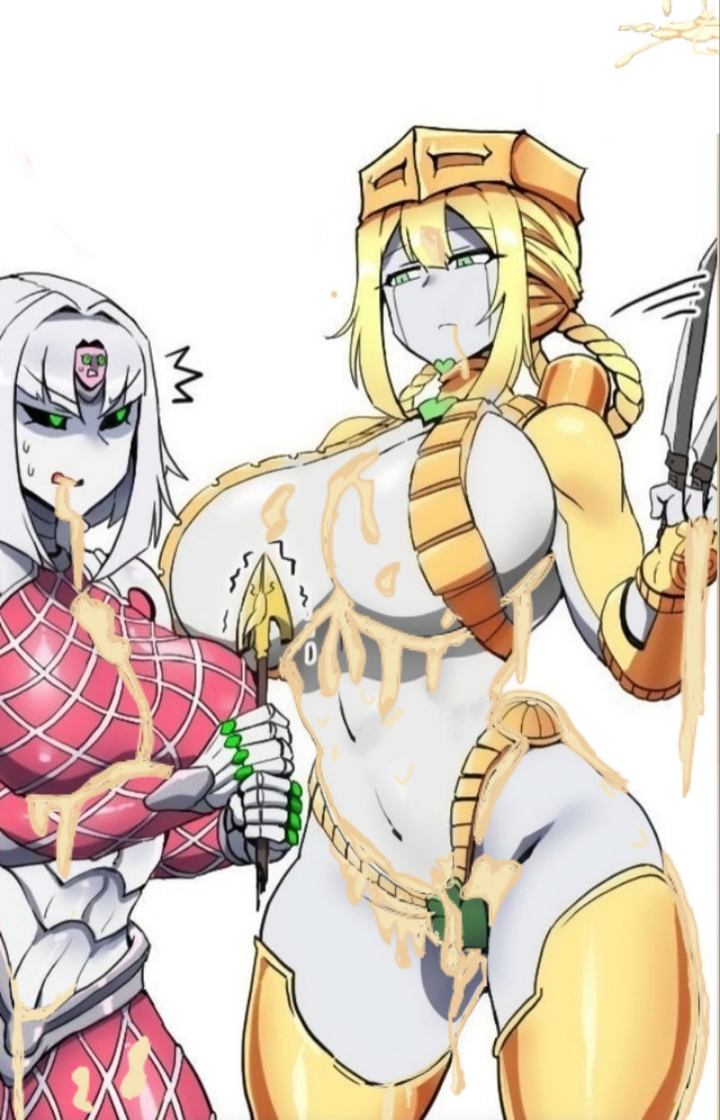 big_breasts big_thighs blonde_hair cum cum_in_mouth cum_on_body cum_on_breasts cum_on_thighs edit female_only green_eyes huge_breasts jojo's_bizarre_adventure king_crimson mannungei rule_63 stand_(jjba) stardust_crusaders the_world vento_aureo white_hair