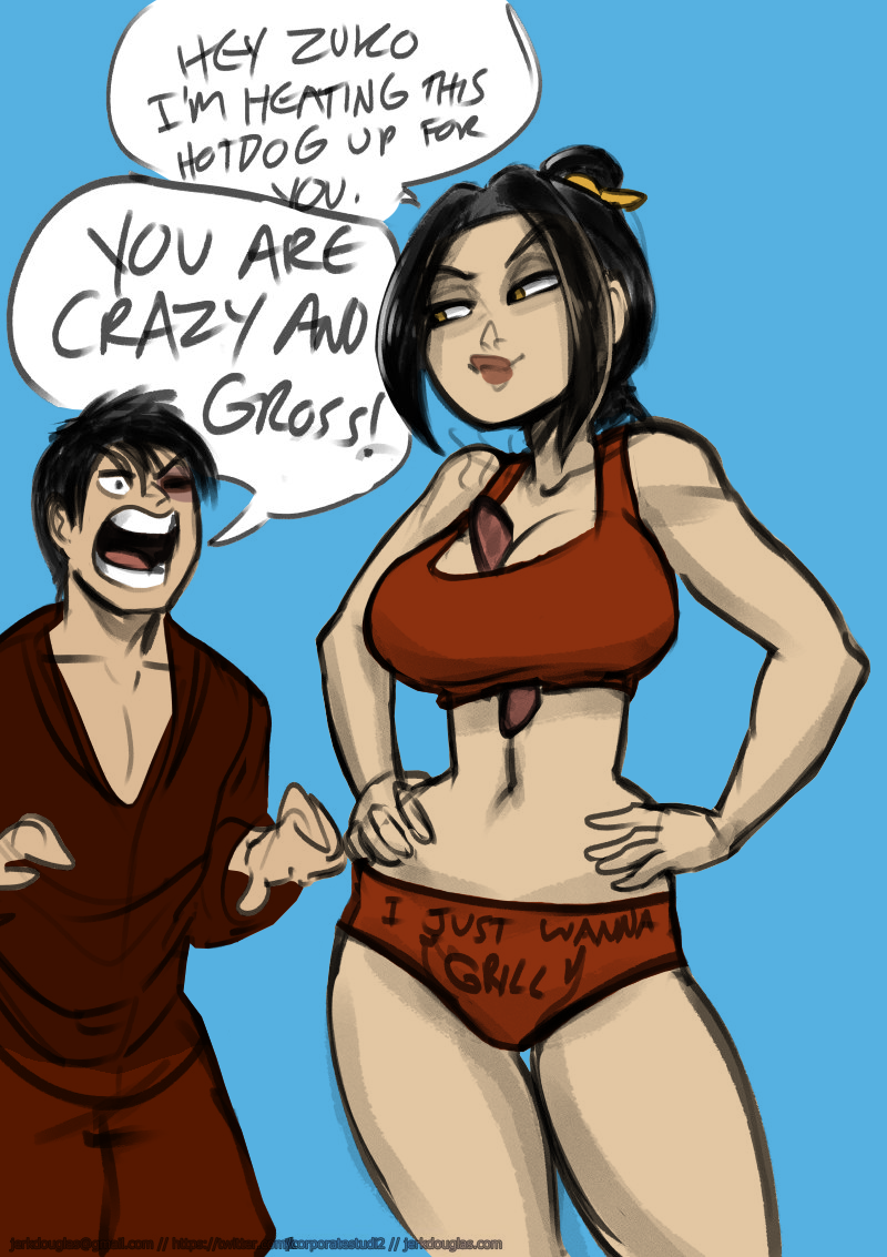 1boy 1girls angry avatar_the_last_airbender azula bare_shoulders belly belly_button bra breasts brother_and_sister burn_scar casual cleavage clothing colored comedy dark_hair dialogue duo duo_focus edit english_text female food_play funny grin hair_ornament heart hot_dog implied_incest incest inviting inviting_to_sex jerkdouglas large_breasts looking_at_another male paizuri_invitation panties sausage scar smug suggestive_food suggestive_look tank_top teeth teeth_visible text tied_hair zuko