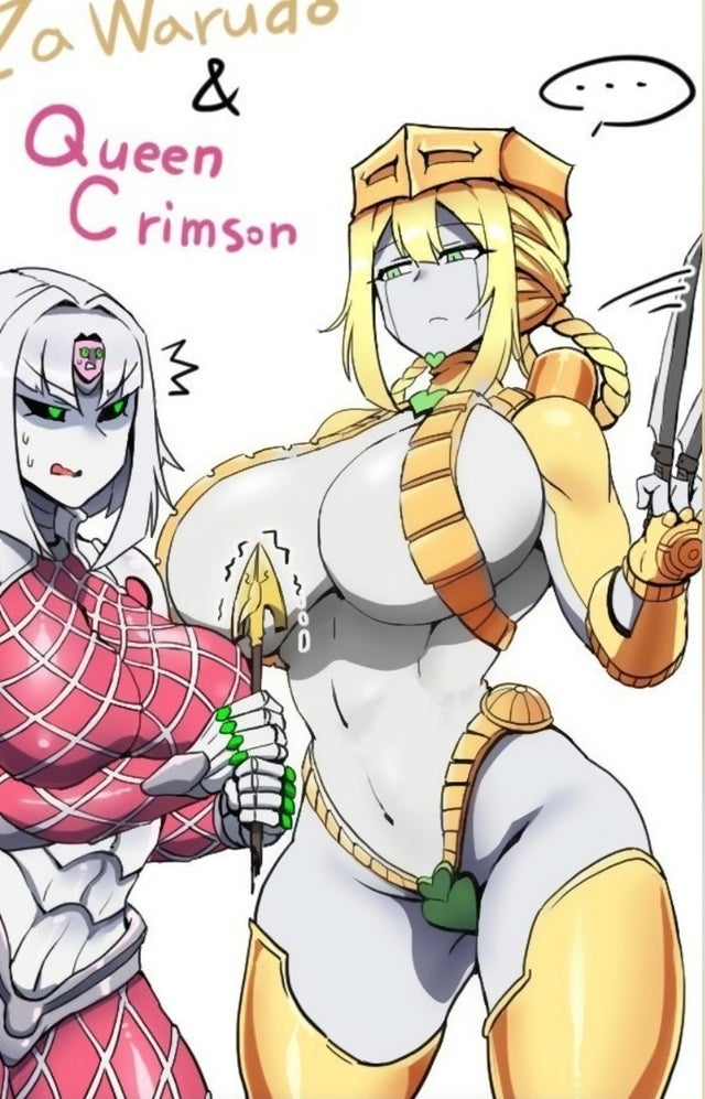 big_breasts big_thighs blonde_hair edit green_eyes huge_breasts jojo's_bizarre_adventure king_crimson mannungei partially_clothed rule_63 stand_(jjba) stardust_crusaders the_world vento_aureo white_hair