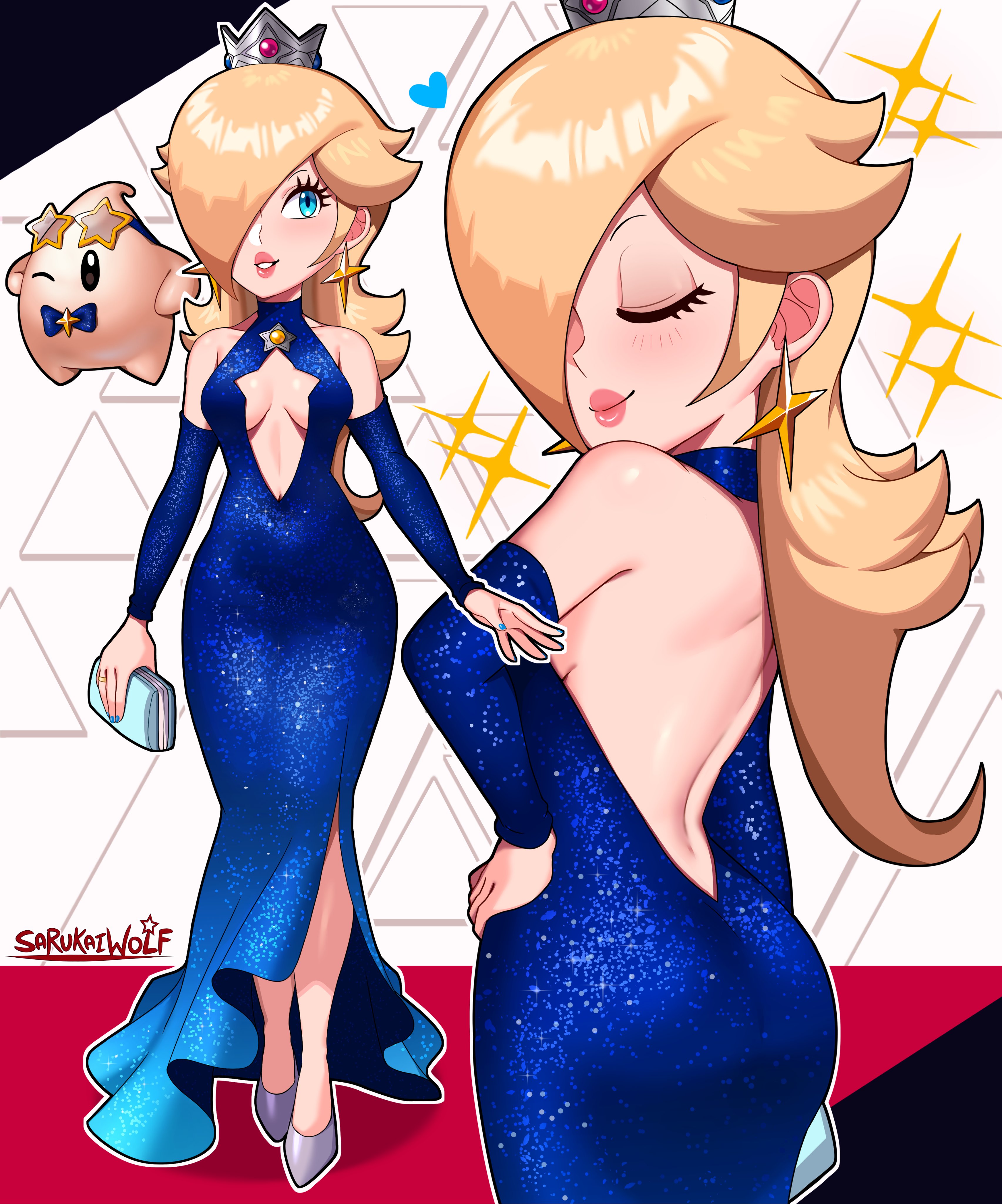1girls, 1other, ambiguous gender, ass, backless outfit, bare shoulders, blonde hair, blue eyes, breasts, cleavage, cleavage cutout, clothing, curvy, dress, earrings, female, female focus, hair over one eye, heart, heels, luma, mario (series), multiple views, princess rosalina, sarukaiwolf, solo, solo focus, standing, super mario galaxy