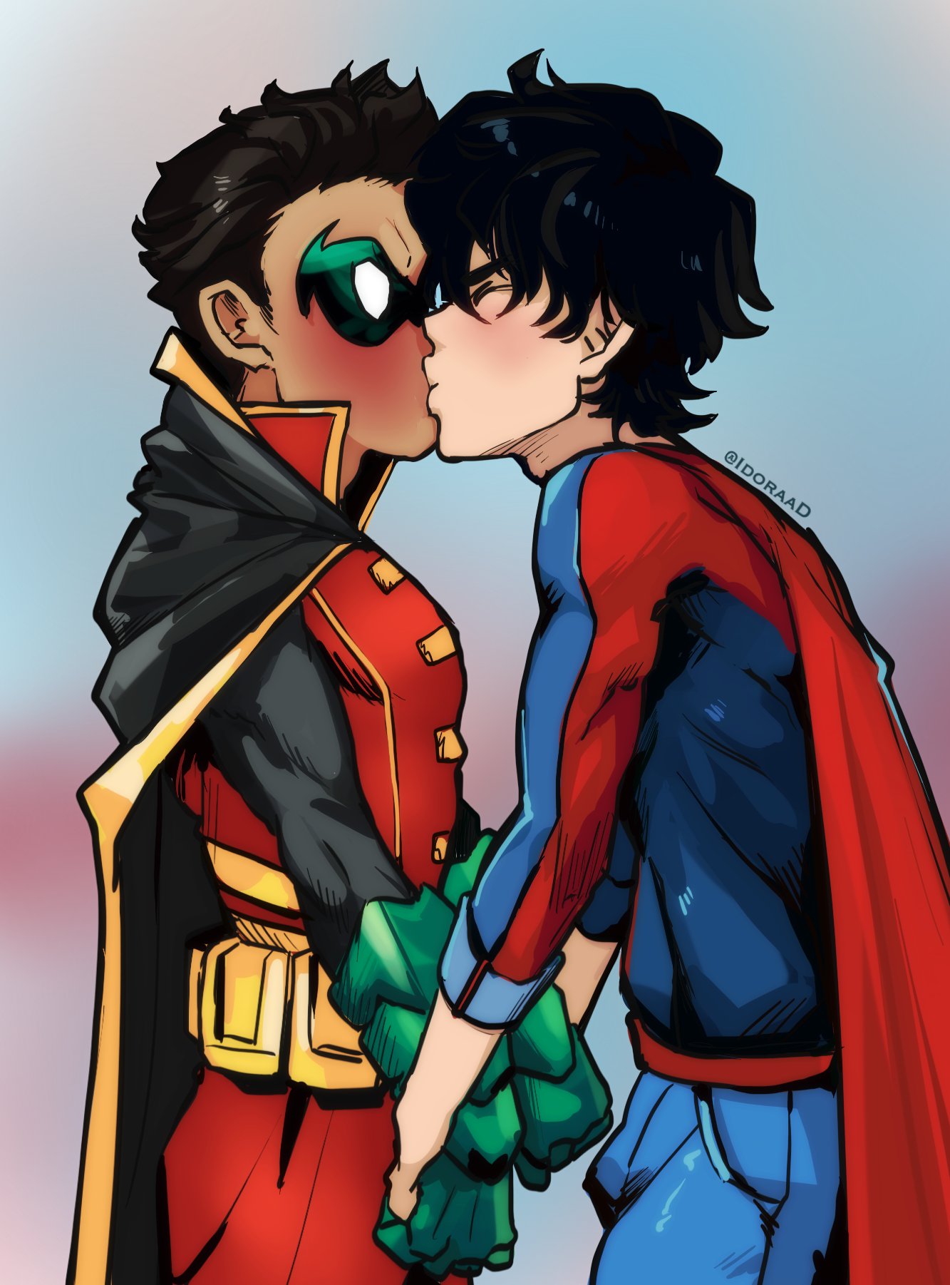 batman_(series) clothed damian_wayne dc dc_comics gay jon-el jonathan_kent kisscember2022 kissing lilprincyvi male male_only masked men_kissing muscles muscular muscular_male robin_(damian_wayne) robin_(dc) superboy superboy_(jonathan_kent) superman_(series) supersons teen_boy wholesome yaoi