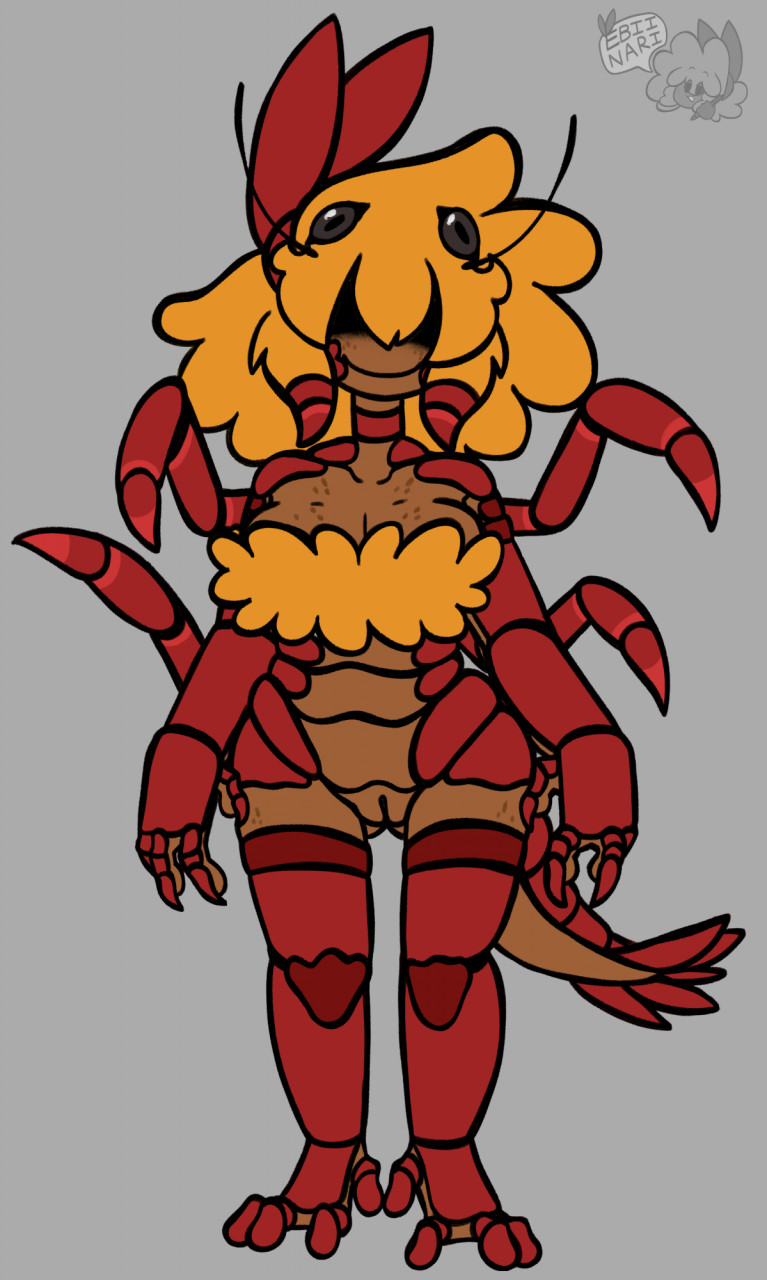 2022 4_eyes 4_fingers 4_toes 6_arms accessory animal_humanoid antennae_(anatomy) anthro arthropod arthropod_humanoid barefoot big_breasts blonde_hair bottomless breasts brown_eyes claws cleavage clothed clothing collarbone colored crustacean crustacean_humanoid digital_drawing_(artwork) digital_media_(artwork) ebii_(ebiinari) ebiinari feet female finger_claws fingers fluffy fluffy_hair freckles front_view full-length_portrait genitals grey_background hair headband headgear headgear_only headwear headwear_only hi_res hidden_eyes humanoid mandibles marine marine_humanoid monster mostly_nude multi_arm multi_eye multi_limb portrait prehensile_feet pussy red_body red_scales scales segmented_body shrimp shrimp_humanoid shrimp_tail signature simple_background smile solo subject_3b11 tan_body tan_skin toes tongue top_only topwear watermark