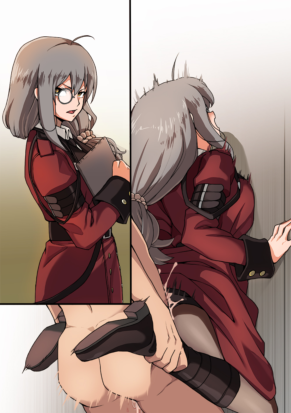 1boy 1girls against_wall breasts clothed_female_nude_male cum cyrano_(aazzss3) female female_penetrated girls'_frontline grey_hair griffin_&_kryuger_military_uniform hair_over_shoulder helianthus_(girls'_frontline) highres holding holding_tablet_pc instant_loss large_breasts light-skinned_female light_skin military military_uniform monocle nude open_mouth pantyhose penetration scrunchie sex sex_from_behind solo_focus straight tablet_pc uniform white_scrunchie yellow_eyes