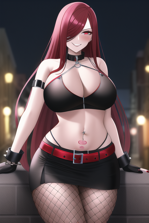 ai_generated armband belt bikini_top blush collar cuffs erza_scarlet eyeshadow fairy_tail fishnets gloves large_breasts long_hair nai_diffusion naughty_face navel_piercing pale_skin piercing red_eyes red_hair red_leather skirt stable_diffusion tattoo thong tifa_lockhart_(cosplay)