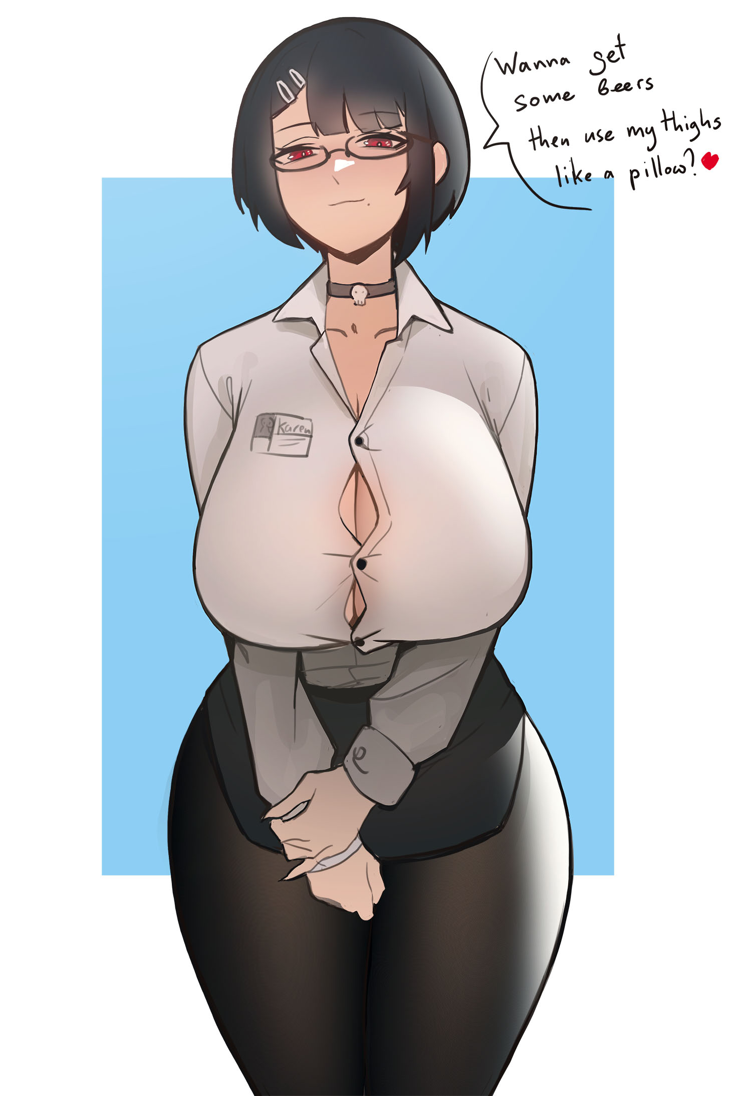 1girls, ara ara, big breasts, black hair, breasts, button gap, choker, cleavage, english text, female, glasses, lap pillow invitation, large breasts, milf, ninra, office lady, original, pantyhose, red eyes, smile, text bubble, thick thighs, wide hips