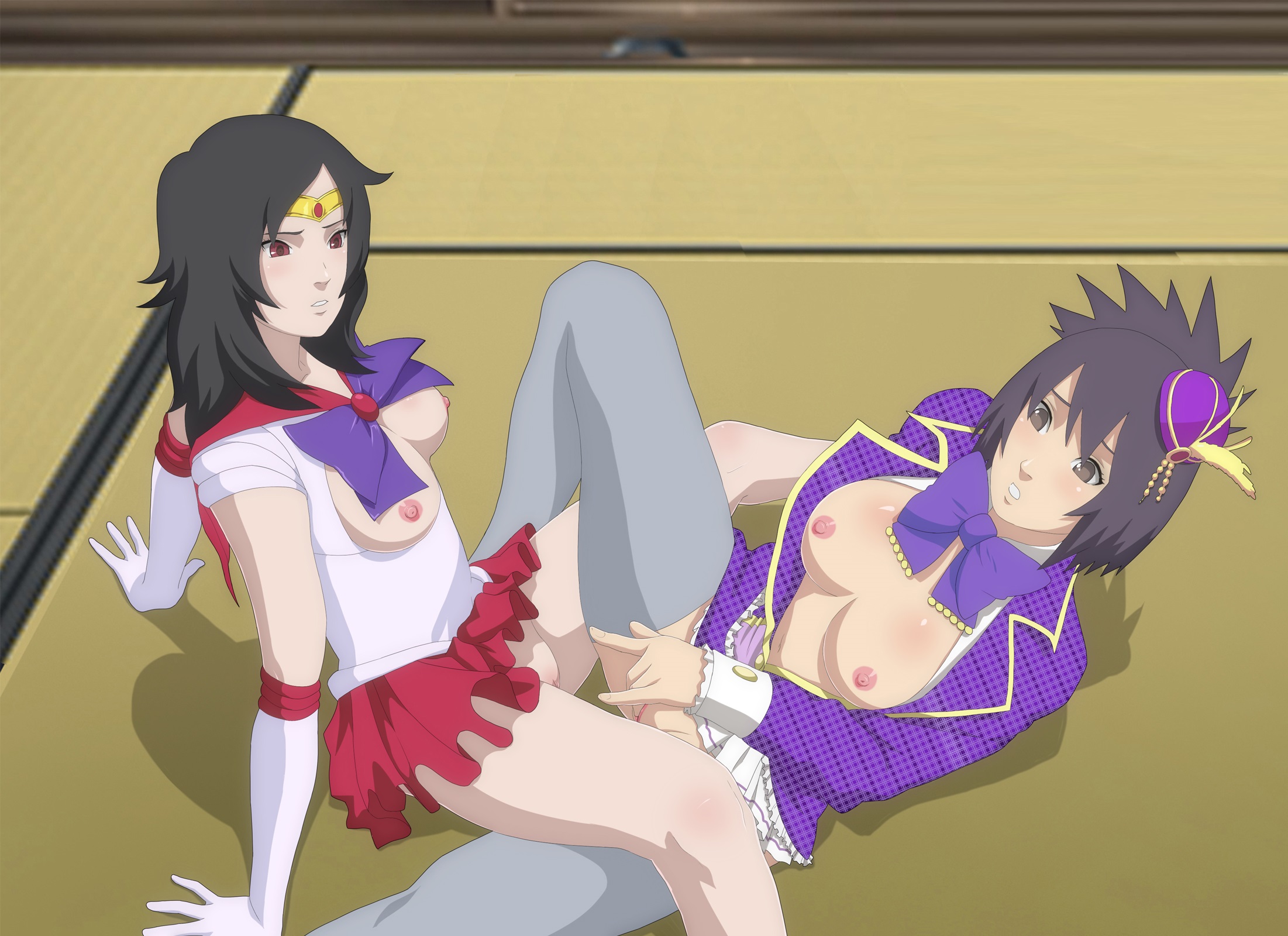 2girls, bishoujo senshi sailor moon, black hair, blush, breasts, breasts out, brown eyes, clothed sex, clothing, cosplay, costume, crossover cosplay, crown, female, female only, gloves, hat, jacket, kurenai yuhi, long hair, magical girl, masturbation, mini hat, mitarashi anko, multiple females, multiple girls, mutual yuri, naruto, naruto (series), naruto shippuden, on floor, open clothes, outfit, petite, purple hair, red eyes, ribbon, sailor mars (cosplay), sitting, skirt, small breasts, smooth skin, teenage female, teenager, thighhighs, tribadism, young, younger female, yuri, yuuhi kurenai