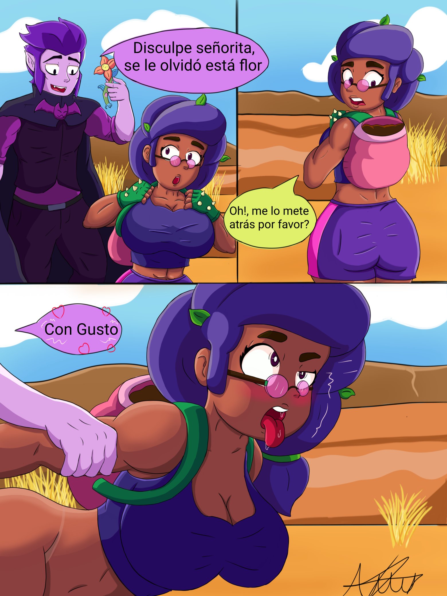 1boy, 3 panel comic, ahe gao, ahegao, anthro, ass, big ass, big breasts, black female, blush, boobs, brawl stars, breasts, colored, comic, dark skin, dark-skinned female, doggy style, female, legs, light skin, light-skinned male, looking over eyewear, looking over glasses, looking over sunglasses, male, moaning, mortis (brawl stars), purple hair, purple-tinted eyewear, rosa (brawl stars), sex, spanish dialogue, spanish text, sunglasses, talking to another, talking to partner, text, thighs, tinted eyewear, tongue, tongue out, vampire
