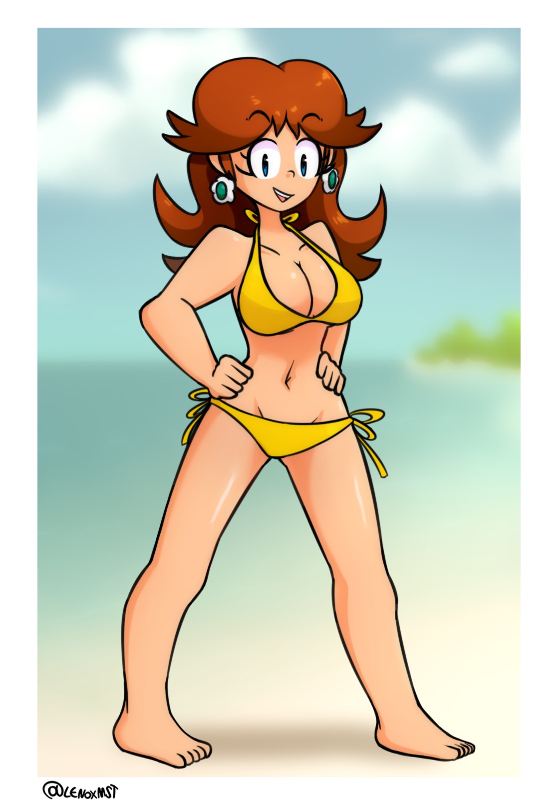 barefoot beach big_breasts bikini breasts brown_hair earrings female female_only lenoxmst mario_(series) nintendo open_mouth pose princess_daisy smile solo tagme yellow_bikini