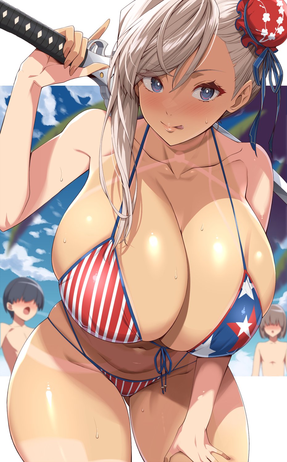 1girls 2boys american_flag_bikini asymmetrical_hair bangs bent_over bikini blue_eyes blush breasts cleavage fate/grand_order fate_(series) flag_print hair_bun highres huge_breasts kloah licking_lips long_hair looking_at_viewer miyamoto_musashi_(fate) miyamoto_musashi_(fate/grand_order) miyamoto_musashi_(swimsuit_berserker) miyamoto_musashi_(swimsuit_berserker)_(fate) multi-strapped_bikini navel plump shiny shiny_hair shiny_skin single_hair_bun single_side_bun single_sidelock skindentation smile solo_focus standing swept_bangs swimsuit tan tanline thick_thighs third-party_edit weapon white_hair