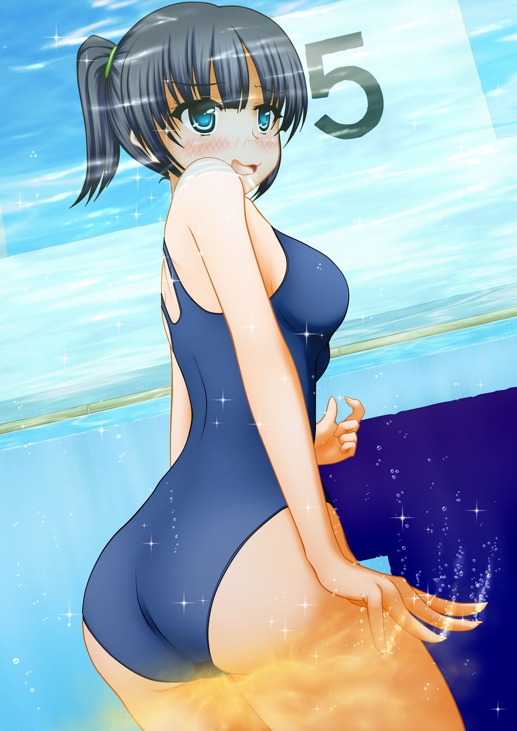 ass back_view blush embarrassed medium_breasts nervous one-piece_swimsuit peeing peeing_in_pool peeing_in_swimsuit peeing_self peeing_underwater pullpull15 swimsuit swimwear urinating_female water