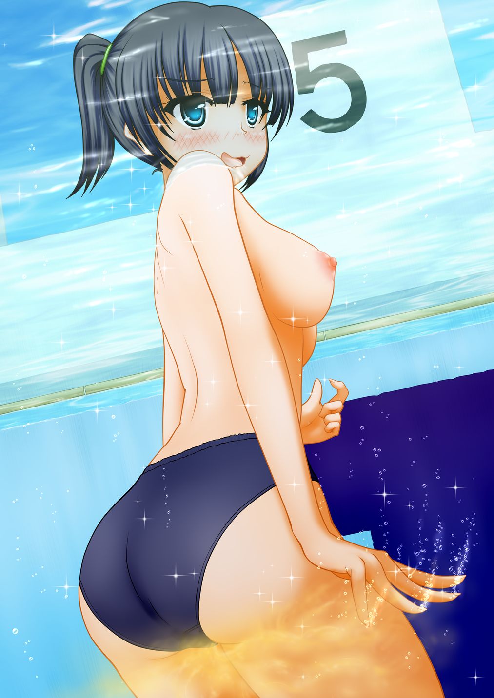 1girls ass back_view blush breasts embarrassed medium_breasts nervous nipples one-piece_swimsuit panties peeing peeing_in_pool peeing_in_swimsuit peeing_self peeing_underwater pullpull15 swimsuit swimwear urinating_female water